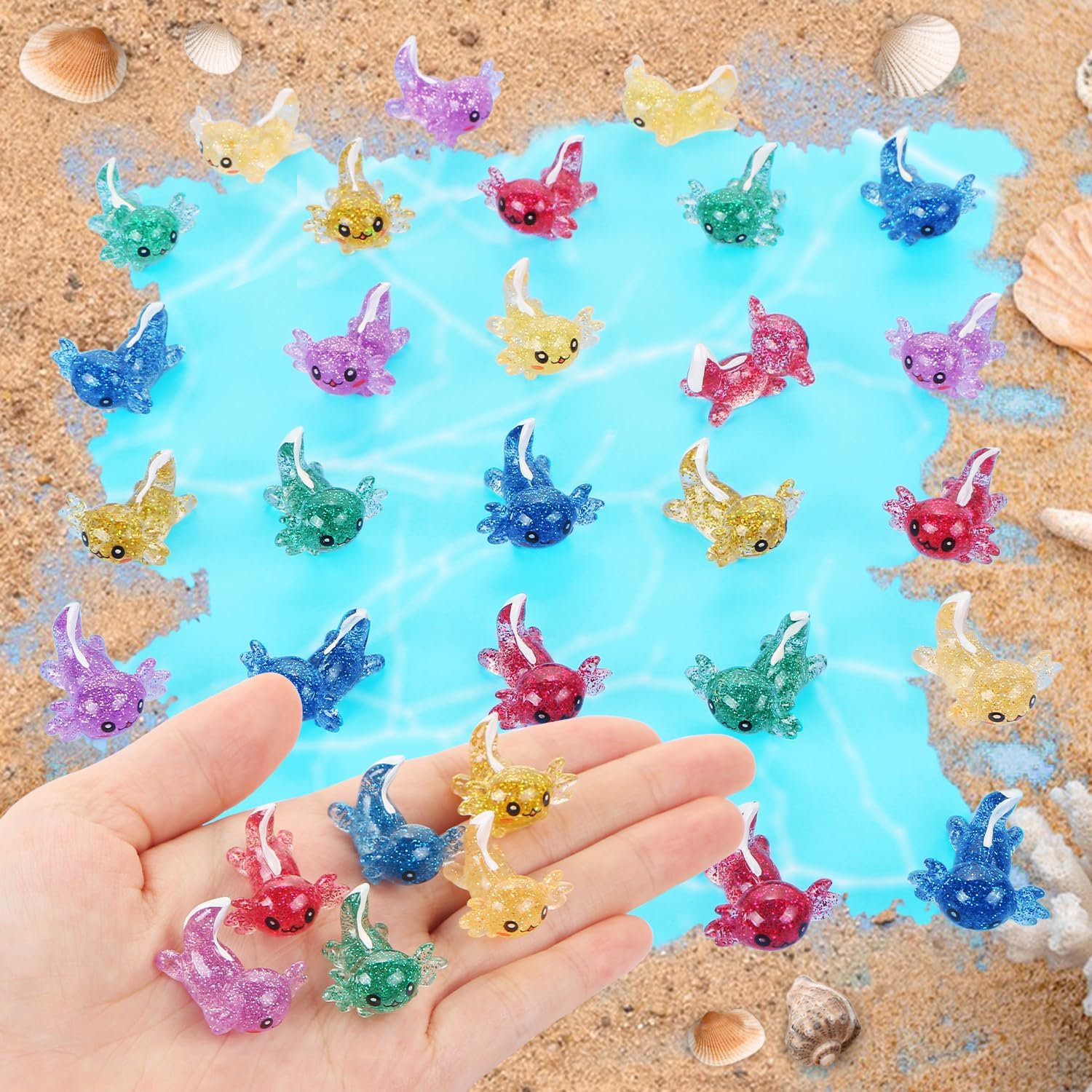 LIYDE 36 PCS Tiny Glitter Resin Axolotl, Colorful Mini Resin Axolotl Figurines Charms Tiny Animal Figures Cake Topper Axolotl Ornament for DIY Craft Garden Decorations Dollhouse Accessories