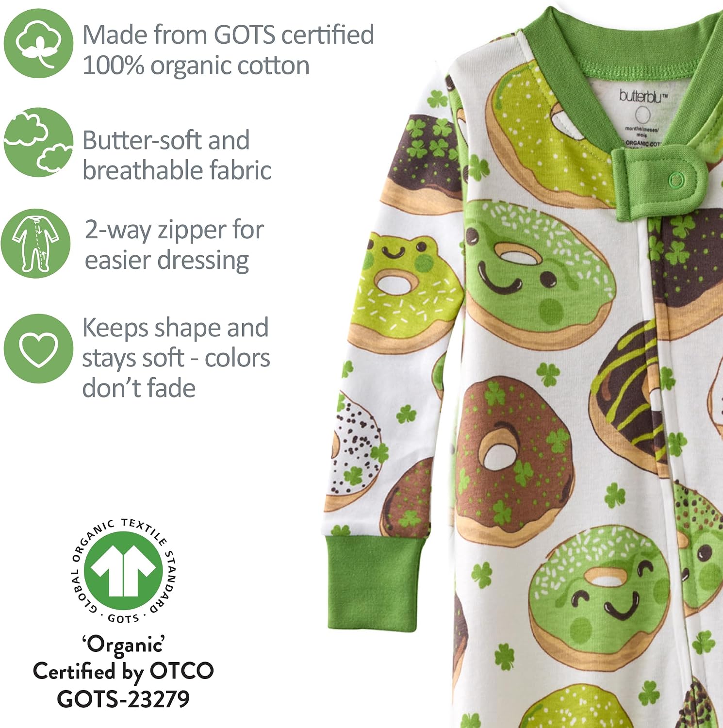 Butterblu Cruz Snug-fit Footed Pajamas 100% Organic Cotton Zip Front Sleeper PJs w/Grippers for Baby Boys & Girls