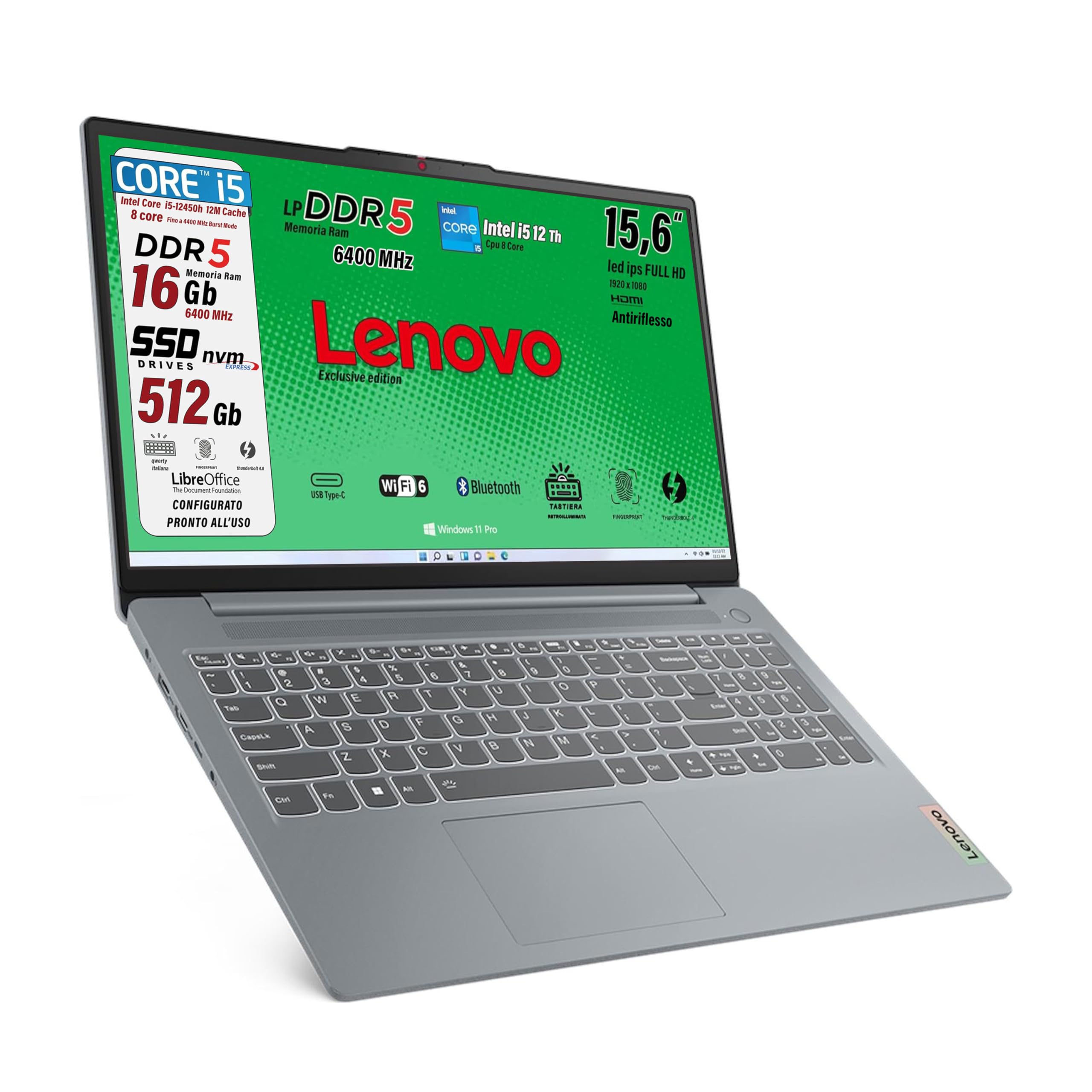 Lenovo, pc portatile, i5 12450H 8 Core, Ram DDR5 16Gb, Display IPS FHD 15,6", SSD 512Gb, Wi-Fi, Bt, USB, Thunderbolt 4.0, Tastiera retroilluminata, fingeprint integrato, Win11 Pro, Pronto all'Uso