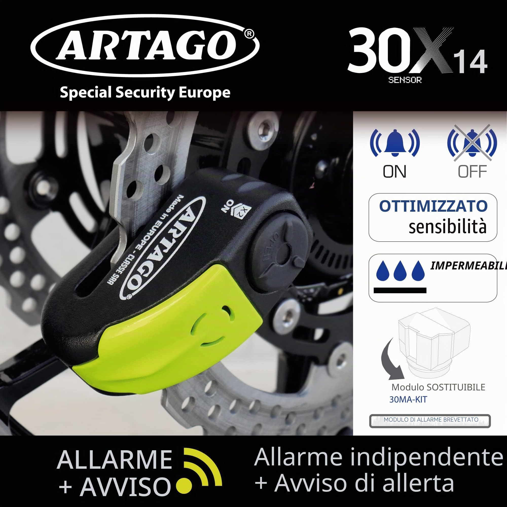 ARTAGO 30X5 Pack Antifurto Bloccadisco con Allarme 120db Alta Sicurezza + Supporto per Ducati Monster Diavel, Omologato Sra e Sold Secure Gold