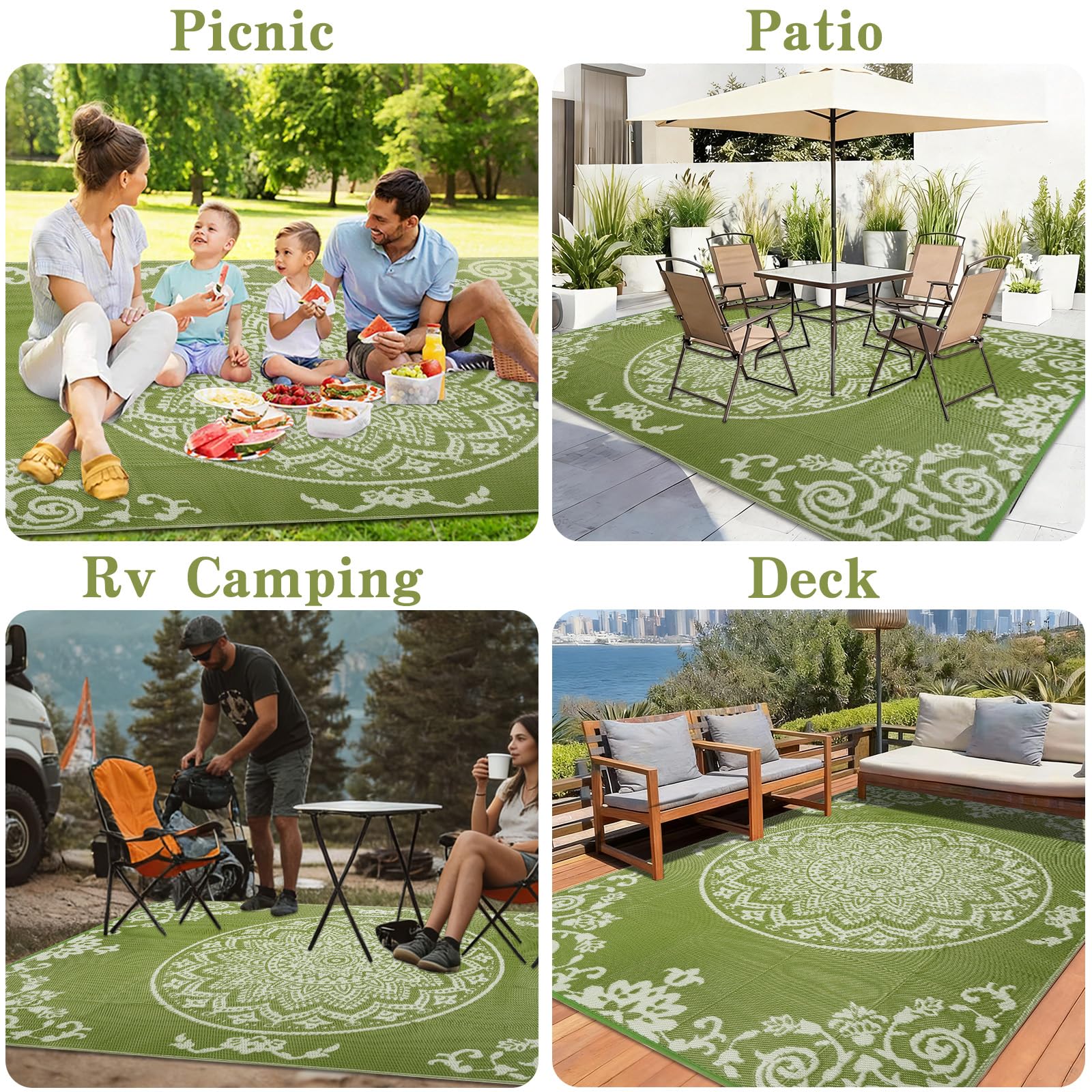 Homcomodar Tappeto per esterni, resistente alle intemperie, 180 x 270 cm, lavabile, in plastica, resistente ai raggi UV, per giardino, patio, balcone, terrazza, barbecue, piscina, cortile (erba)
