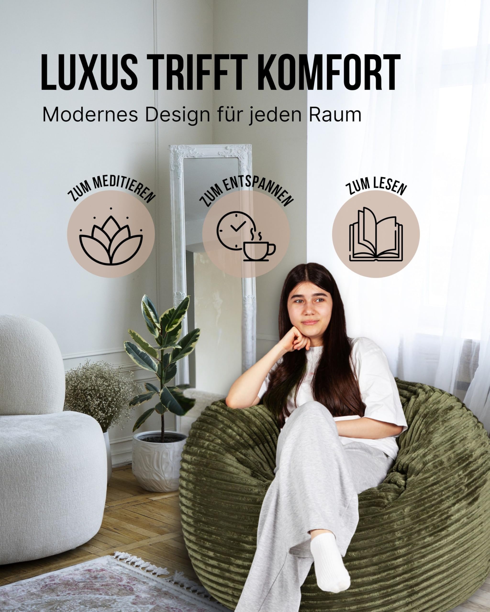 PATCH HOME Deluxe 2 in 1 Cord Sitzsack Sessel Bean Bag – Gaming Sitzsäcke für Erwachsene & Kinder mit Reißverschluss – Bereits befüllt – Ideal zum Sitzen und Liegen (Olivegrün, Ø155 cm)
