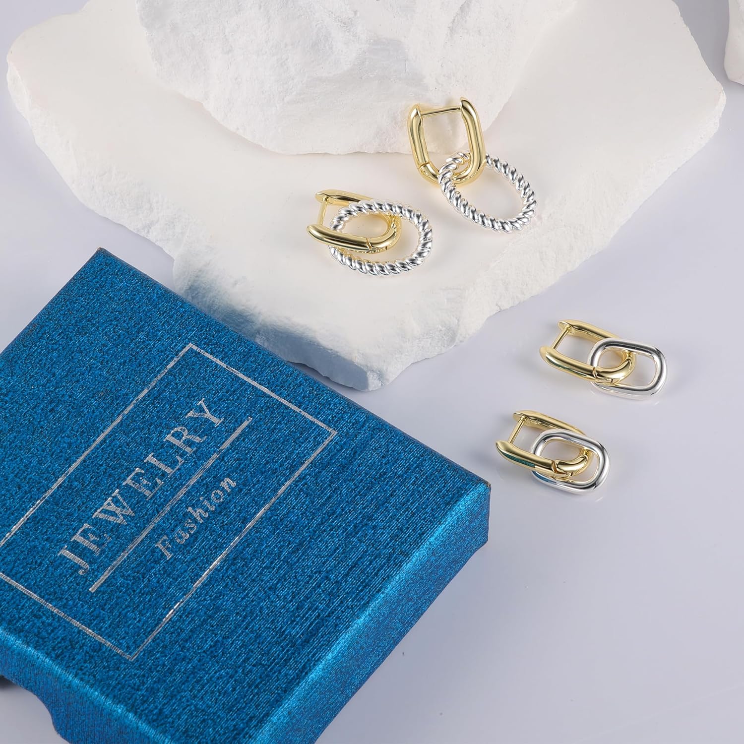 14K Two Tone Gold Silver Hoop Earrings for Women Drop Dangle Paperclip Earrings Convertible Link Chain Earing - Image 6