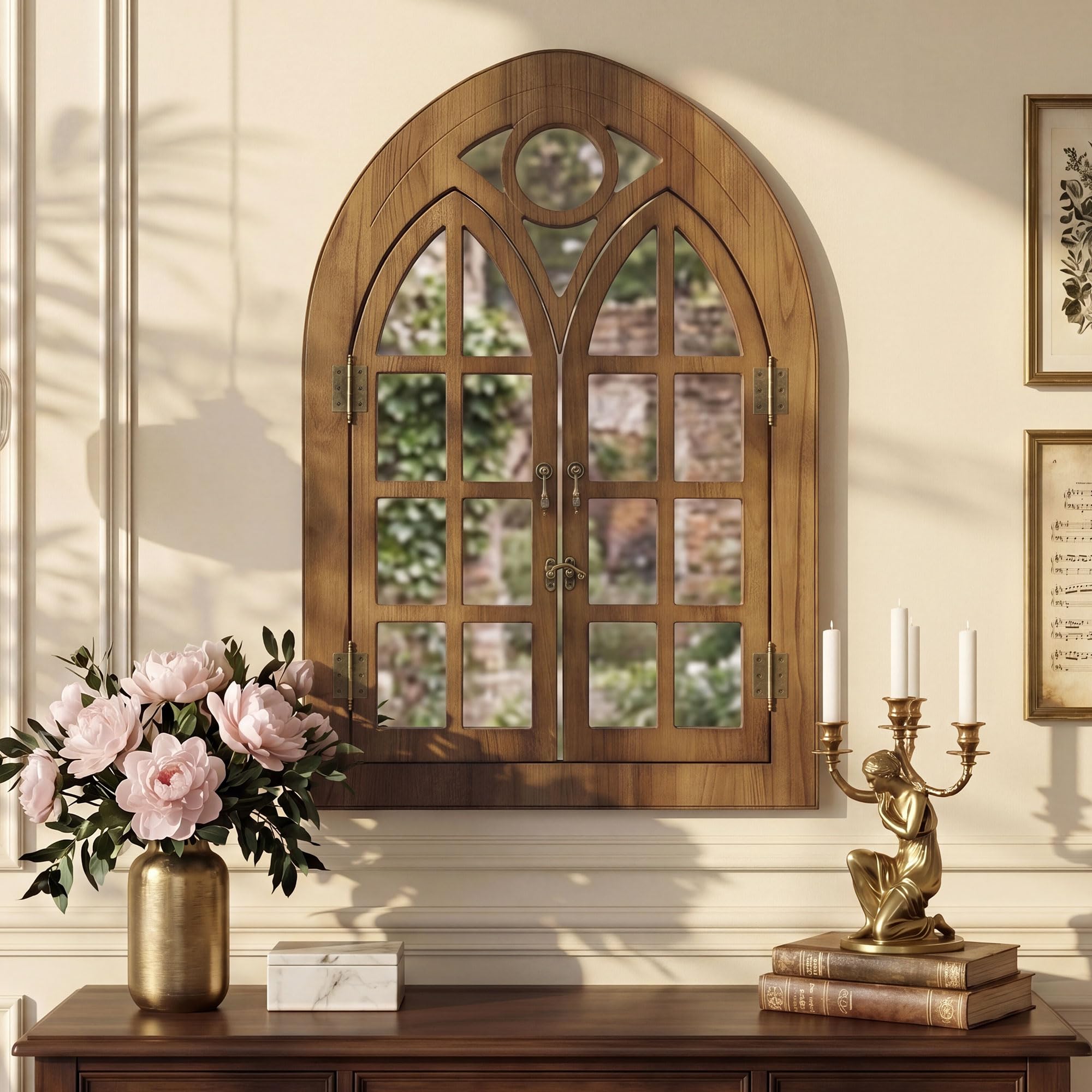 Espejo de Pared Estilo Ventana de Arco con Marco de Madera Abrible, Diseño de Ventana para Salón, Dormitorio & Entrada