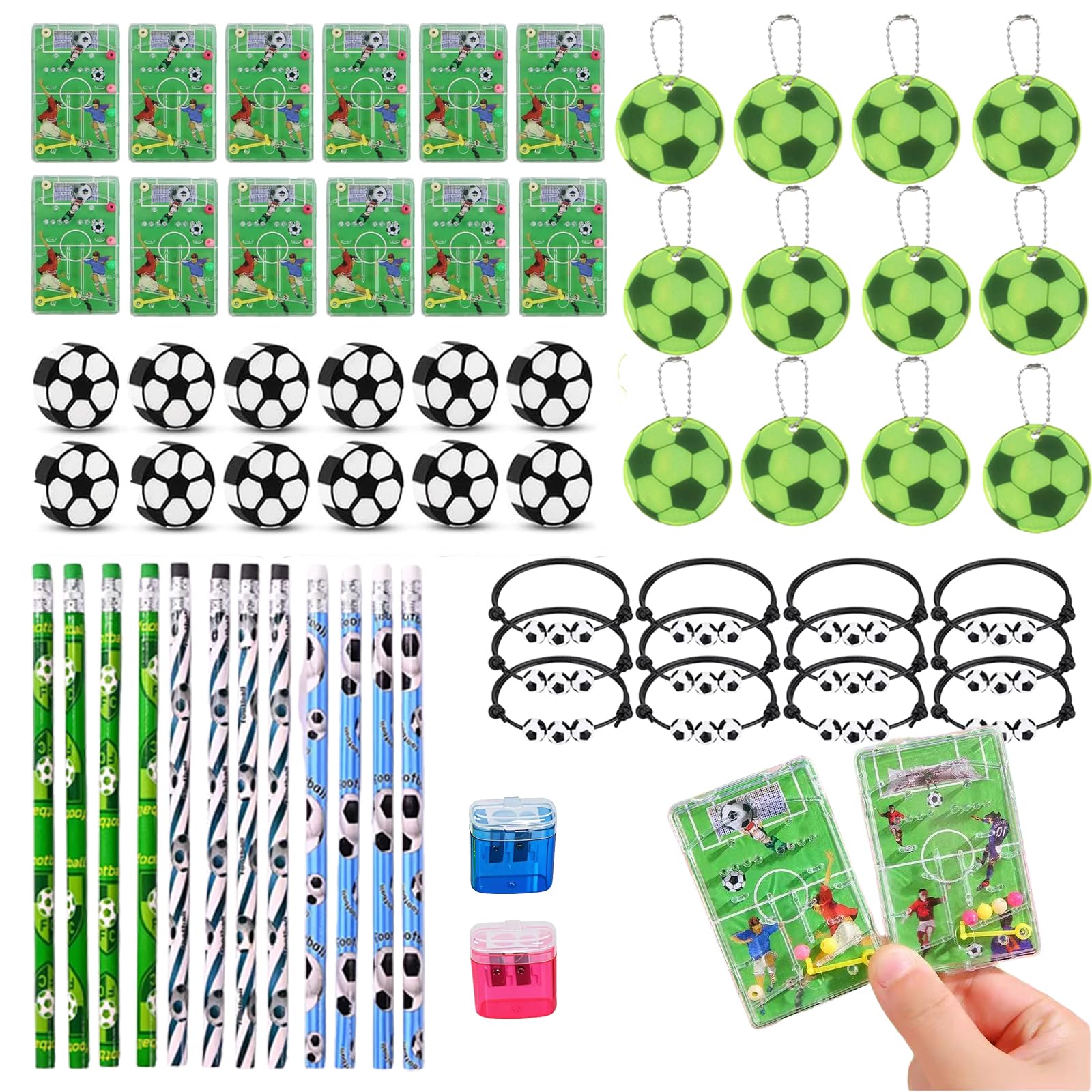 Aoksily 62 Stück Fussball Mitgebsel Jungen,Fussball Deko Geburtstag Kinder,Gastgeschenke Geburtstag Mitgebsel mit Bleistifte Geschenke Radiergummis Armband Set für Kinder Jungen Mädchen