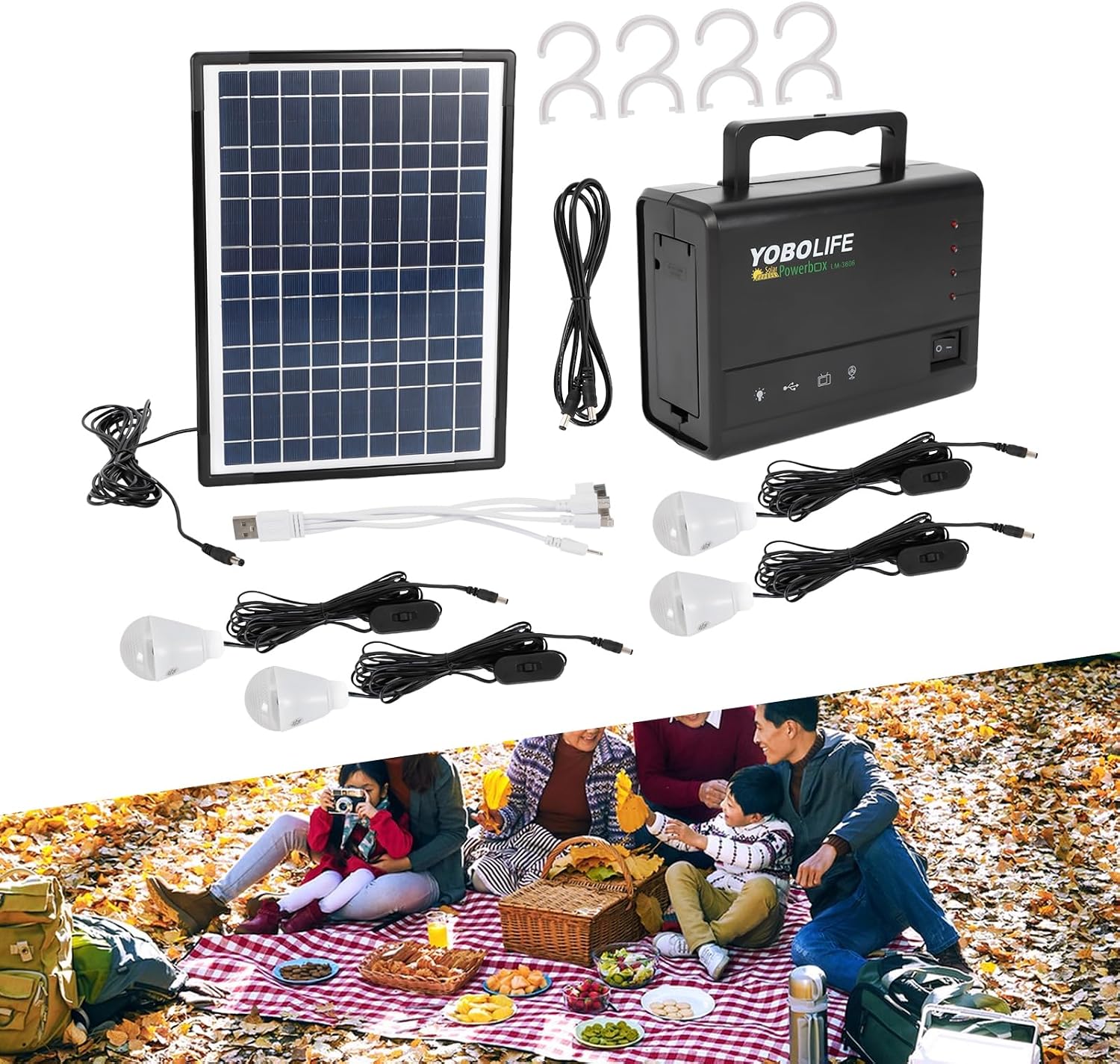 Solar Inverter with Solar Panel & 4 LED Lights, 12V 4A Portable Power Generator Kit, Emergency Energy Storage with USB DC Outlets Power Station for Home Backup Outdoors Camping Travel Hunting RV