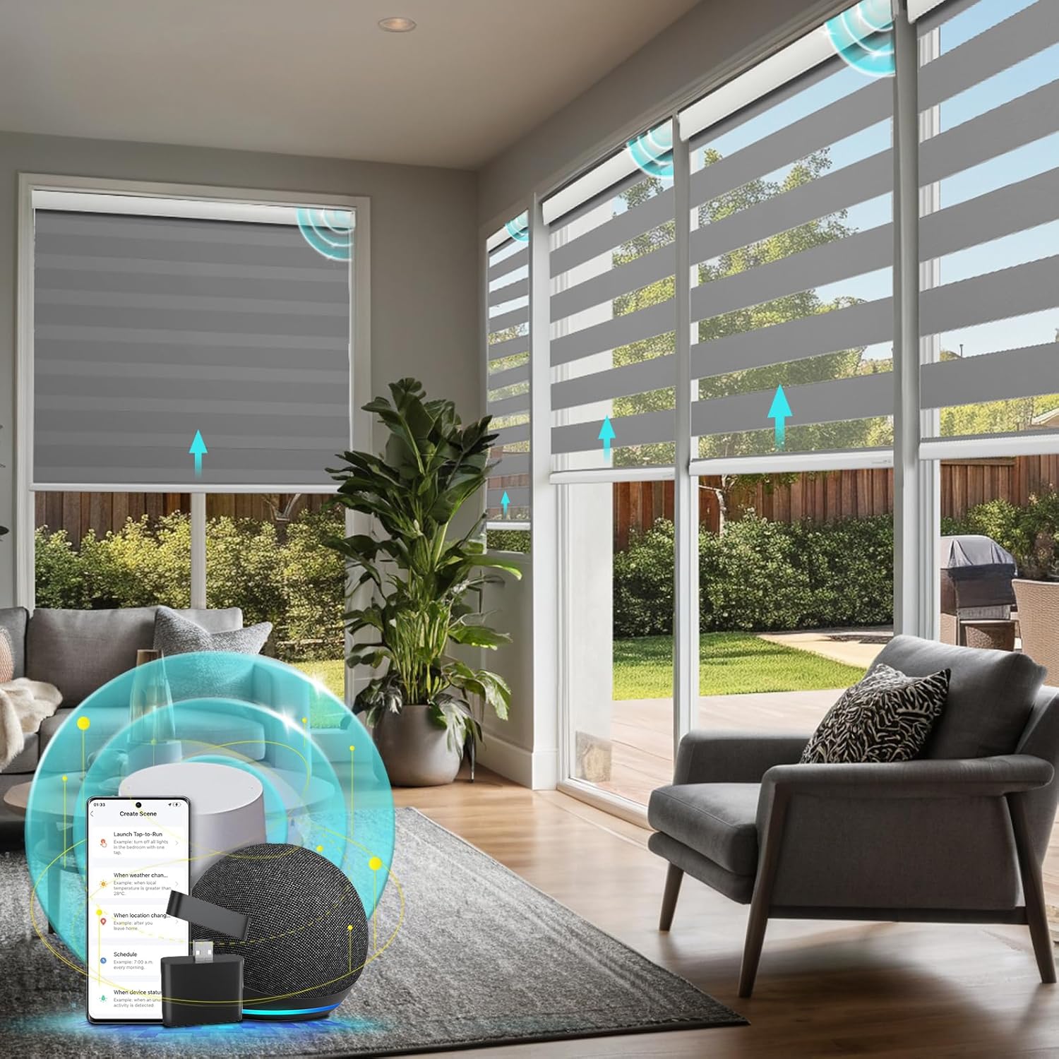 Motorized Blinds with Integral Valance Zebra Upgraded Smart Custom Size Automatic for Windows Remote Control Electric Shades Alexa/Google Blinds, Gray, 36''W x 72''H (SM100)