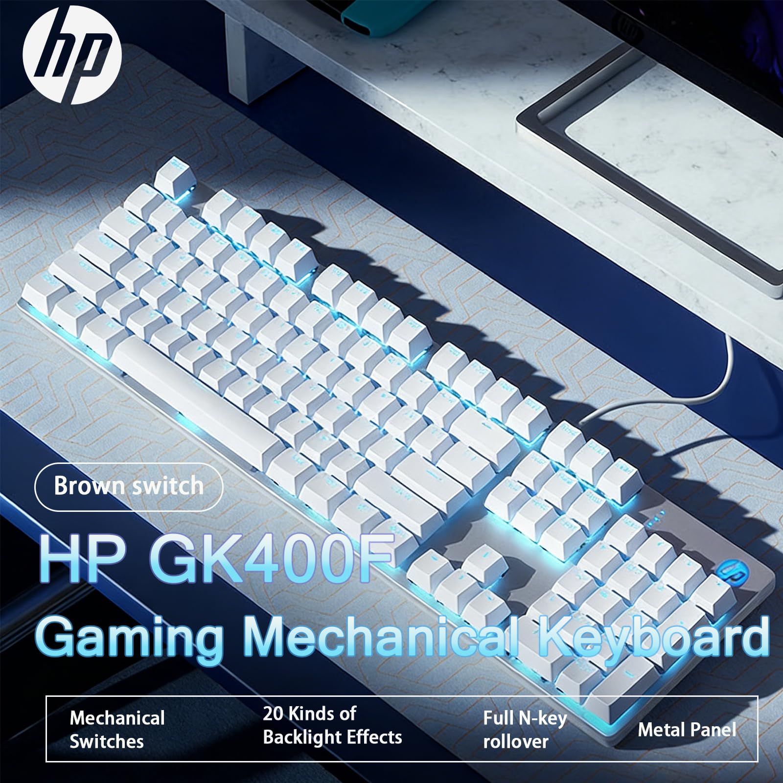 HP GK400F Tastiera meccanica cablata, pannello in metallo ABS, 104 tasti per giochi e uso aziendale, interruttore marrone, compatibile con desktop e laptop, argento