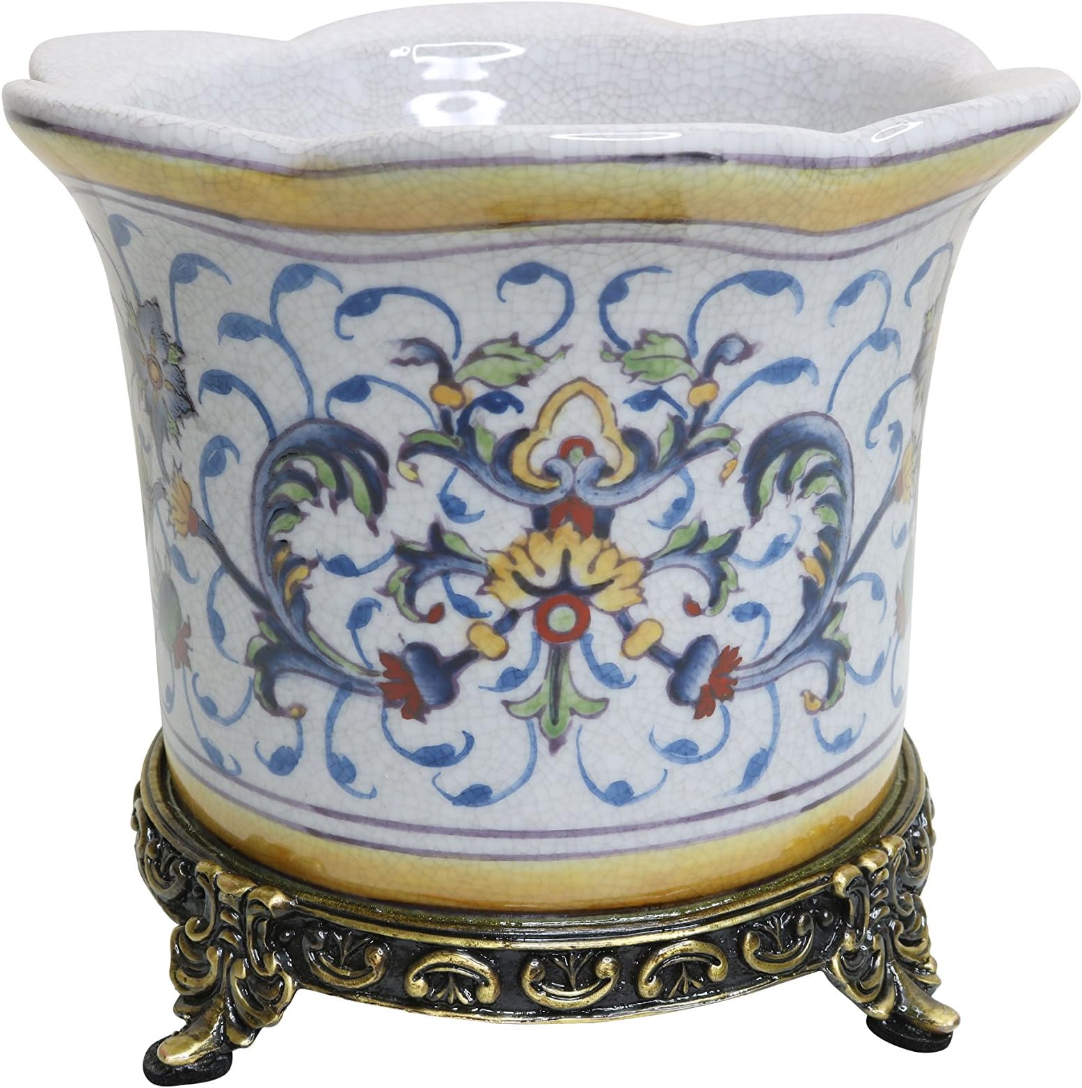 Beautiful Chinoiserie Floral Porcelain Planter Orchid Pot Antiqued Brass Accents