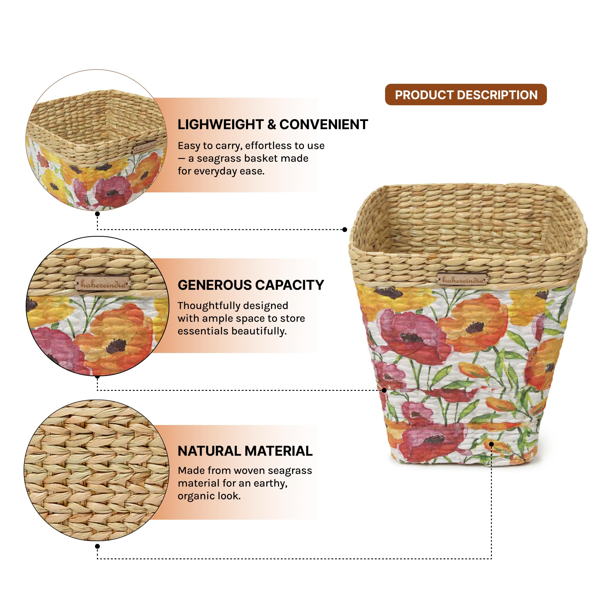 Habere India-All the Cultures Fabricating India Waste Bin | Paper Bin | Home & Office Dustbin | Trash Can Basket | Trashcan for Dry Waste | Seagrass Dustbin (Design 01- L26 x W26 x H25 cm) 4