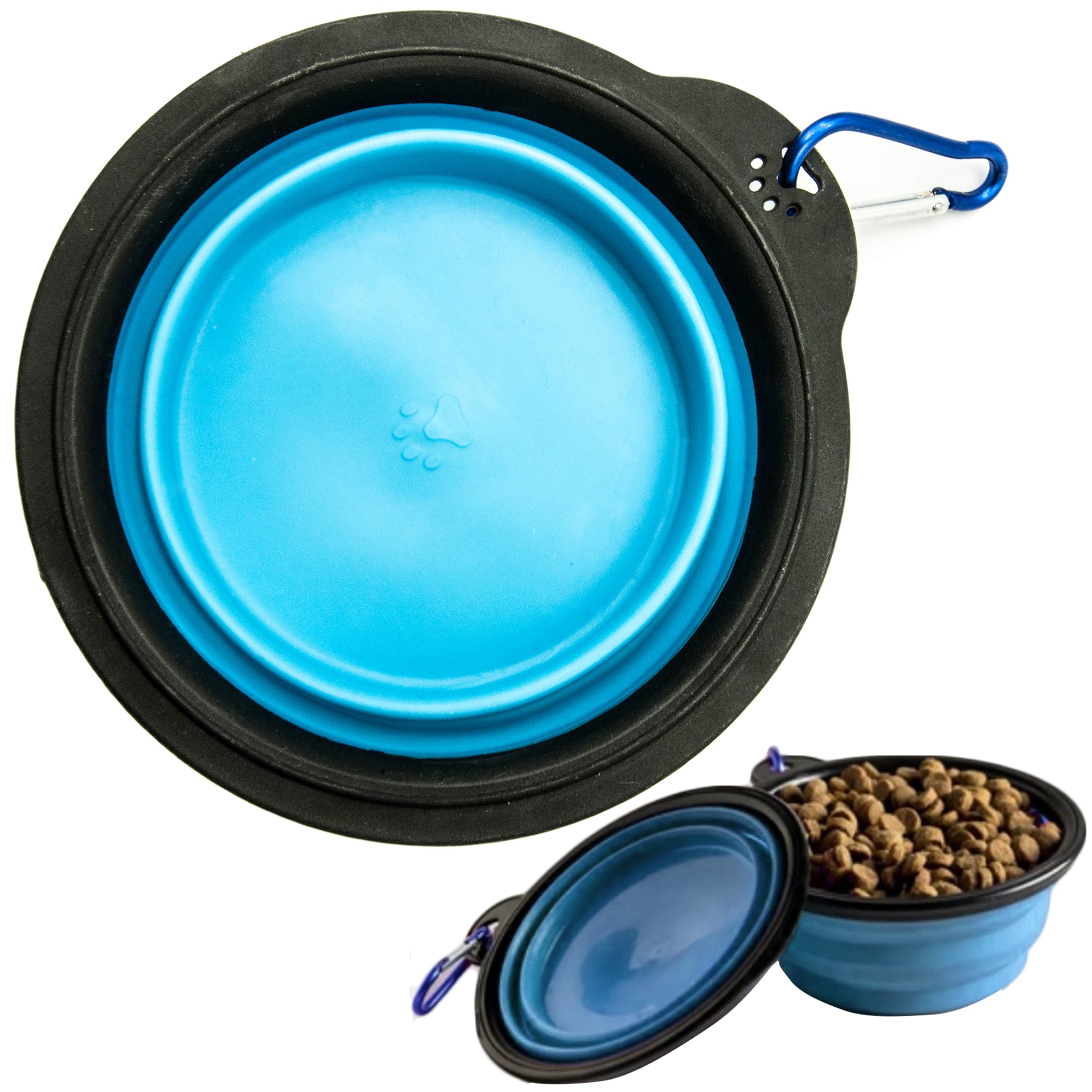 Portable Dog & Cat Bowl COLLAPSIBLE Dog Bowl Travel Dog Bowl with Clip Dog Camping Accessories Outdoor Feeding & Watering Supplies for Dogs Cats Foldable (Blue, Round)