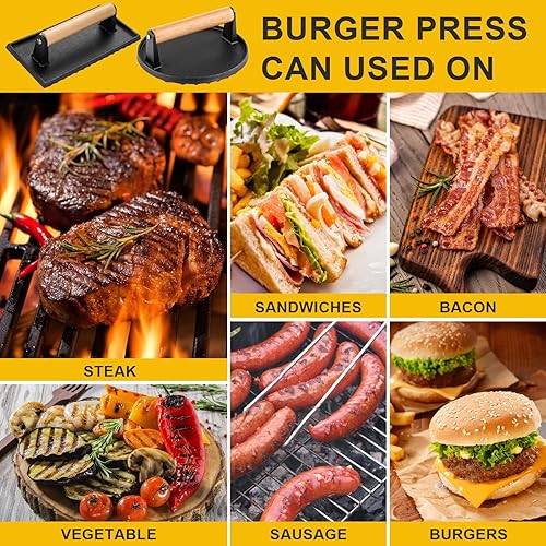 Miniatura 7 de Jarquia 2 prensas de tocino para parrilla prensa redonda de hierro fundido para parrilla plana trituradora de hamburguesas rectangular para parrilla