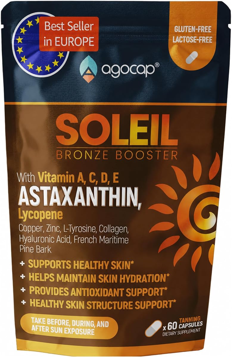 SOLEIL, Tanning Pills for Natural Glow. Self tanner with Astaxanthin, Lycopene, Collagen & Beta Carotene, Vitamins A, C, D, E, Hyaluronic Acid & Pine Bark. Tanning supplement Skin Hydration. 60 Caps