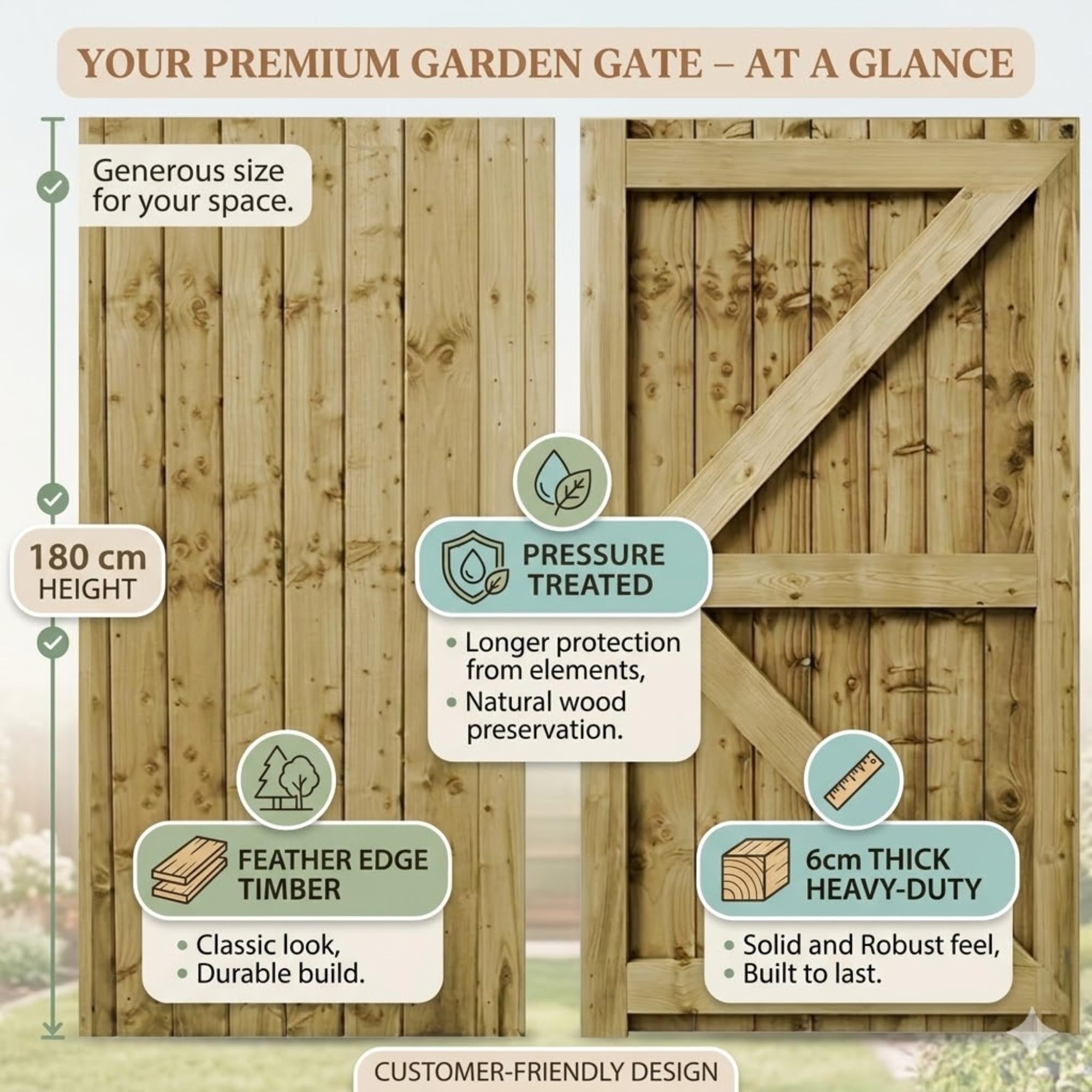 180 x 60cm Pressure Treated Wooden Garden Gate | Feather Edge Timber Side Gate | 6cm Thick Heavy Duty Outdoor Garden Door — view 3