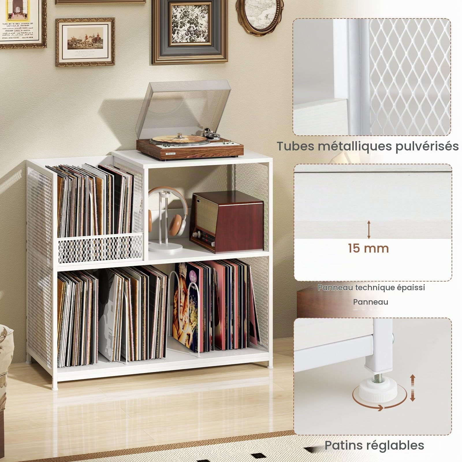 KOMFOTTEU Support de Disque Vinyle pour 300 Albums, Meuble Platine 3 Niveaux avec 3 Séparateurs Amovibles, Meuble Tourne-Disque, Pieds réglables, Style Vintage, 83 x 36 x 76,5 cm (Blanc)