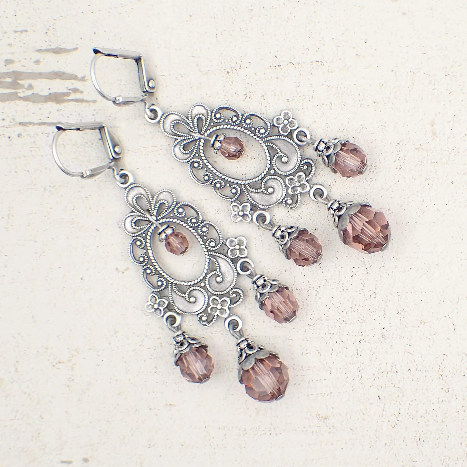 Blush Pink Victorian Style Chandelier Earrings with Crystals and Antiqued Silver-Plated Brass