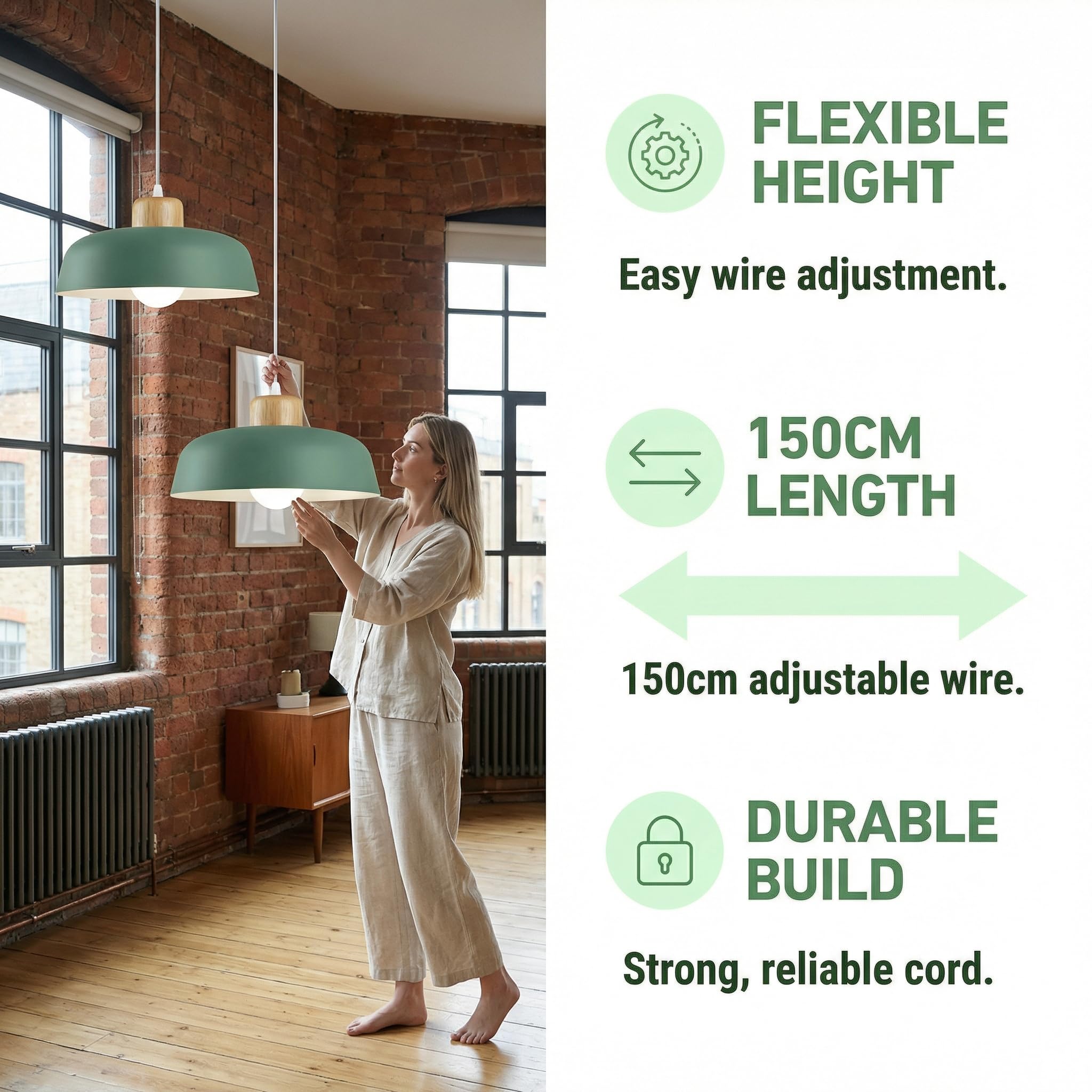 Nordycka nowoczesna, prosta metalowa lampa wisząca, E27, drewniana oprawa, 30 cm, lampa wisząca, żywy kolor do kuchni, sypialni, salonu (zielona)
