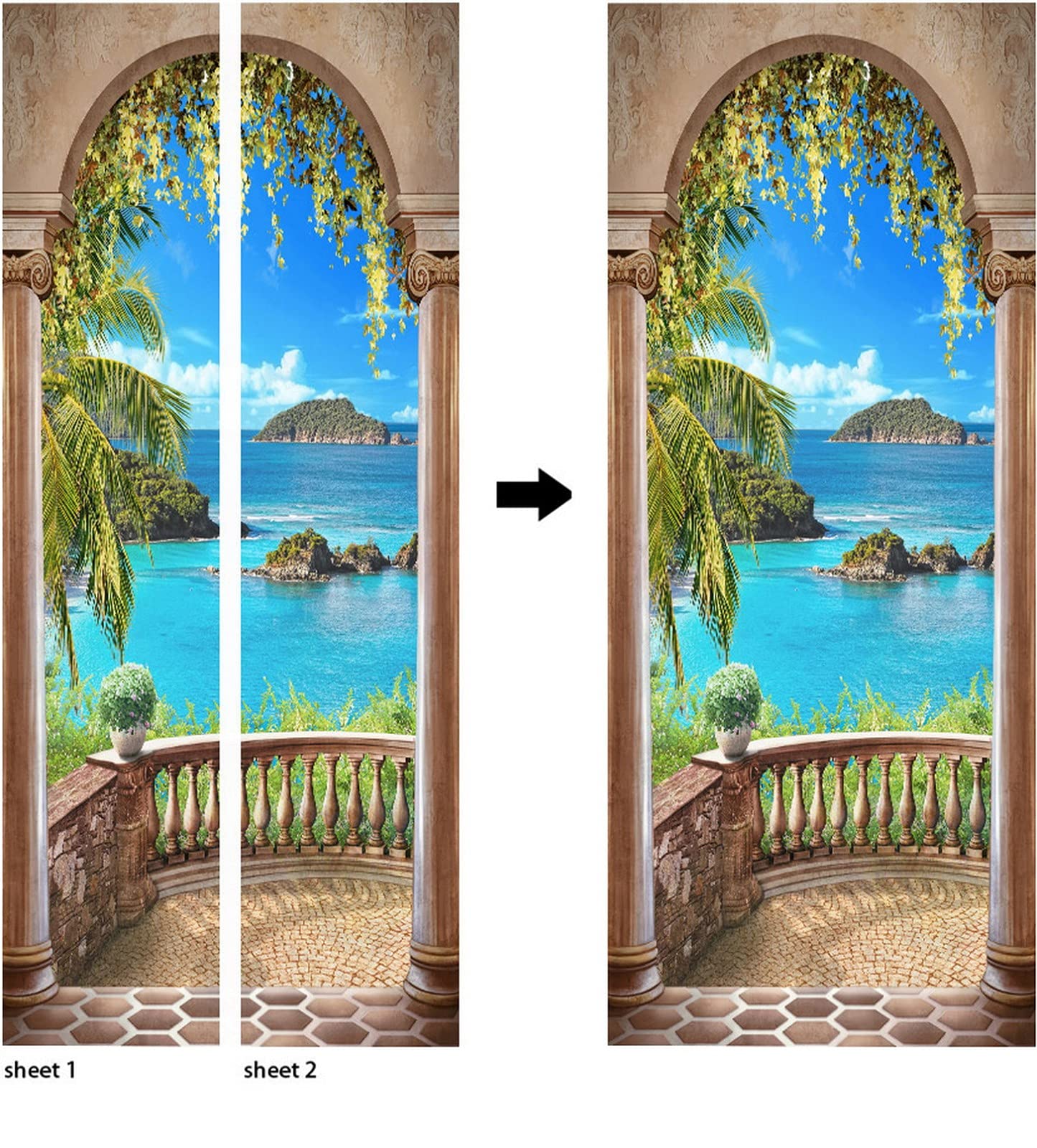 A.Monamour Türtapete Selbstklebend Türfolie Türposter 3D Blauer Meer Blick Durch Balkonbogen Vinyl Folie Türdeko Tapete Wandbild Türaufkleber Türtattoo 95 x 215 cm