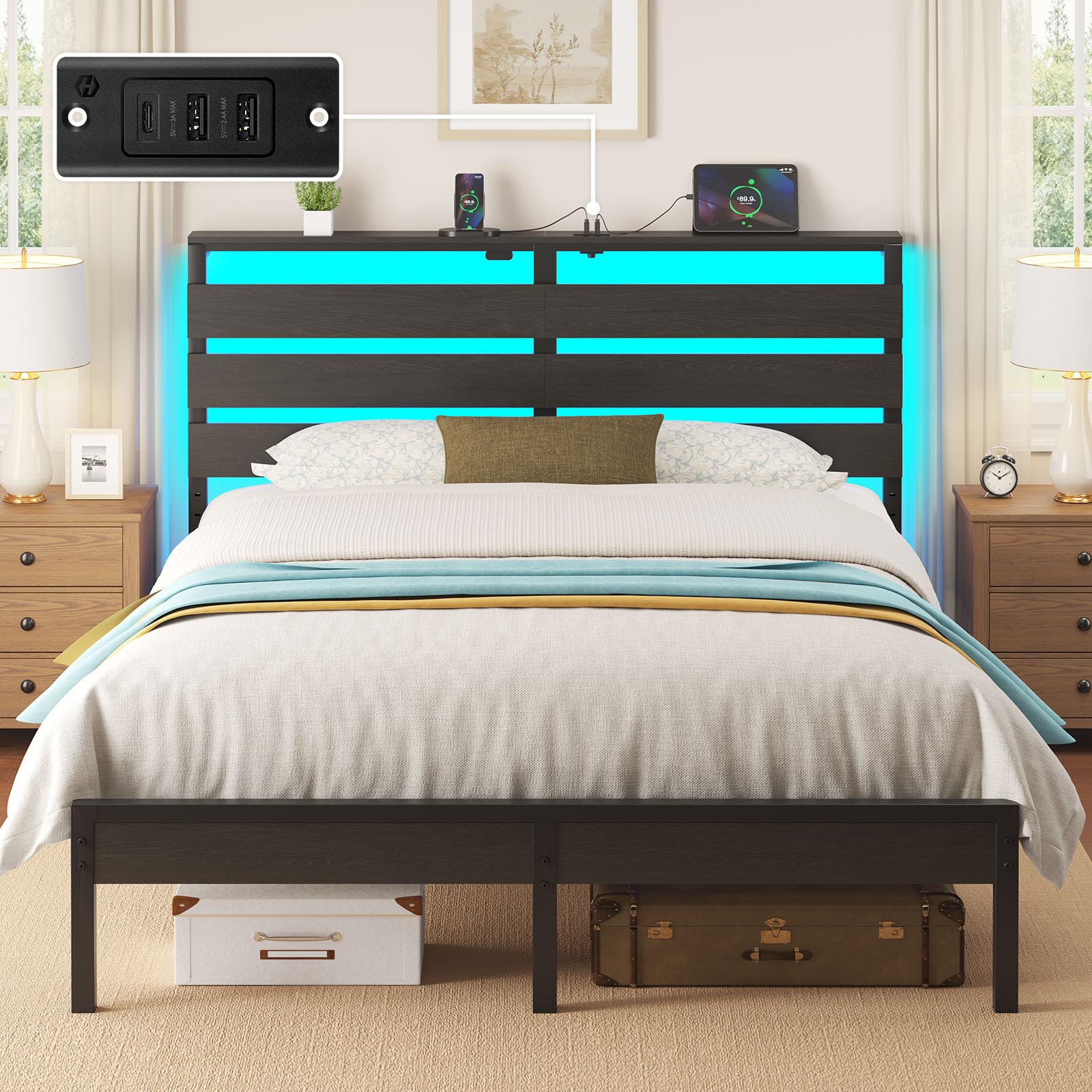 Rolanstar Full Size Bed Frame with USB Charging Station, LED Bed Frame with Wood Storage Headboard, Black Metal Platform Bed with Under Bed Storage, No Box Spring Needed, Noise Free