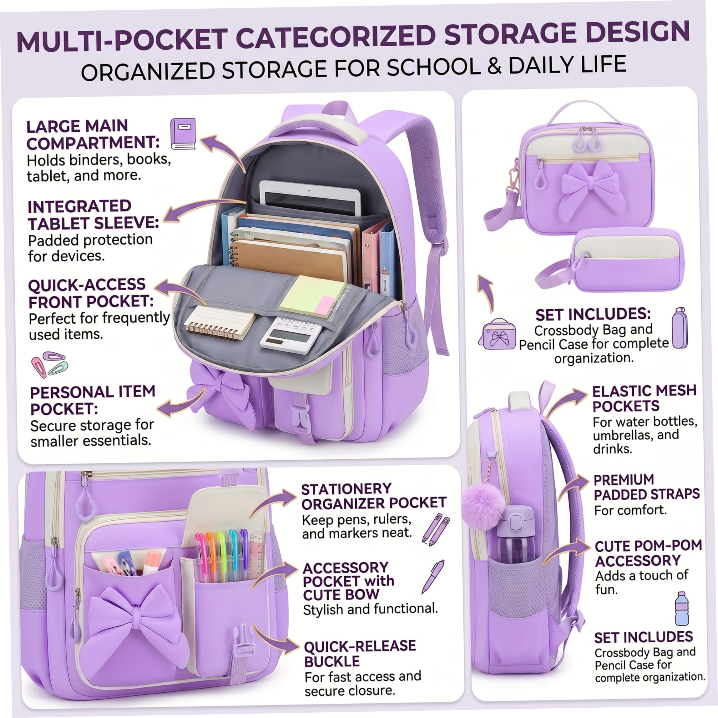 Mochila con lazo para niñas, mochila para niñas de 3 piezas para la escuela con bolsa de almuerzo, estuche para lápices, linda para niños y adolescentes, apta para jardín de infantes, prim