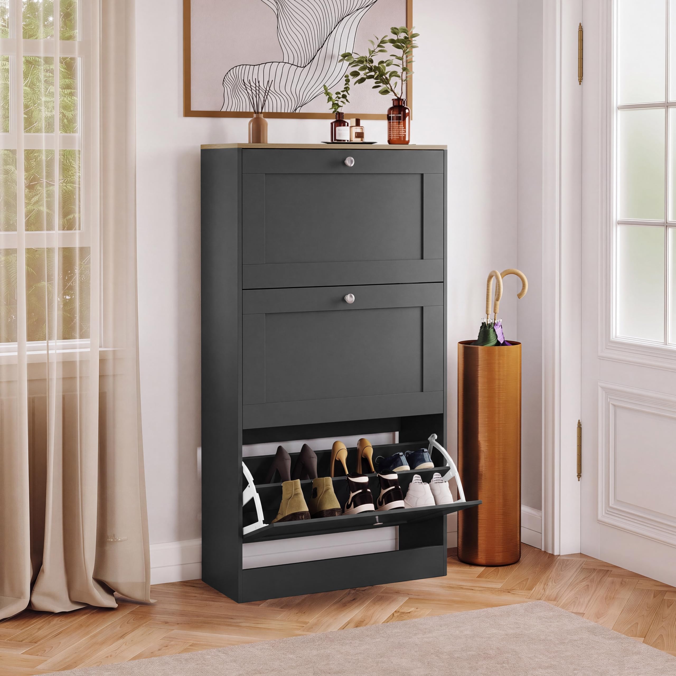 Vida Designs Altino 3 Drawer Shoe Cabinet | Charcoal Grey & Oak | Space-Saving Storage for 15+ Pairs | 117H x 58W x 23.5D cm | Anti-Tip | Modern Hallway Unit