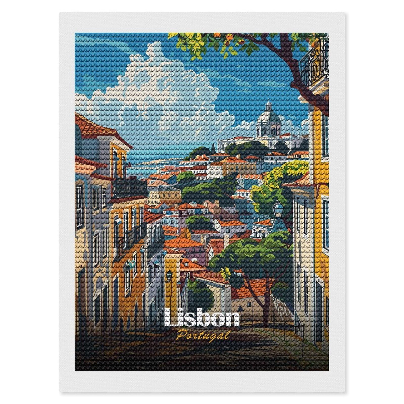 Junmoney Lisbon, Portugal Cityscape Illustration Full Drill Diamond Painting Kit 12"x16", Sparkling Round Gems, Decorate Your Room, Mindful Craft Activity