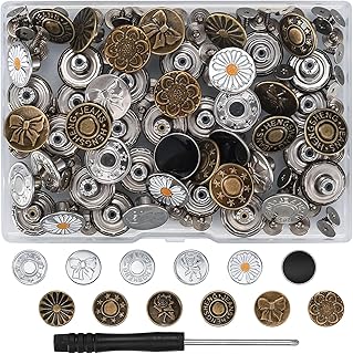 60 Pcs Jeans Buttons Pins, Jean Buttons for Loose Jeans, Removable Instant Metal Buttons, No-Sew Replacement Buttons for Jeans Pants Denim Clothing, Tighten or Extend Waist, with Screwdriver
