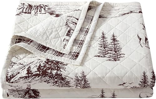 Miniatura 4 de Paseo Road White Pine Rustic Bedding - Juego de edredón de 3 piezas tamaño King, ropa de cama de algodón blanco con estampado de oso marrón, ciervo,
