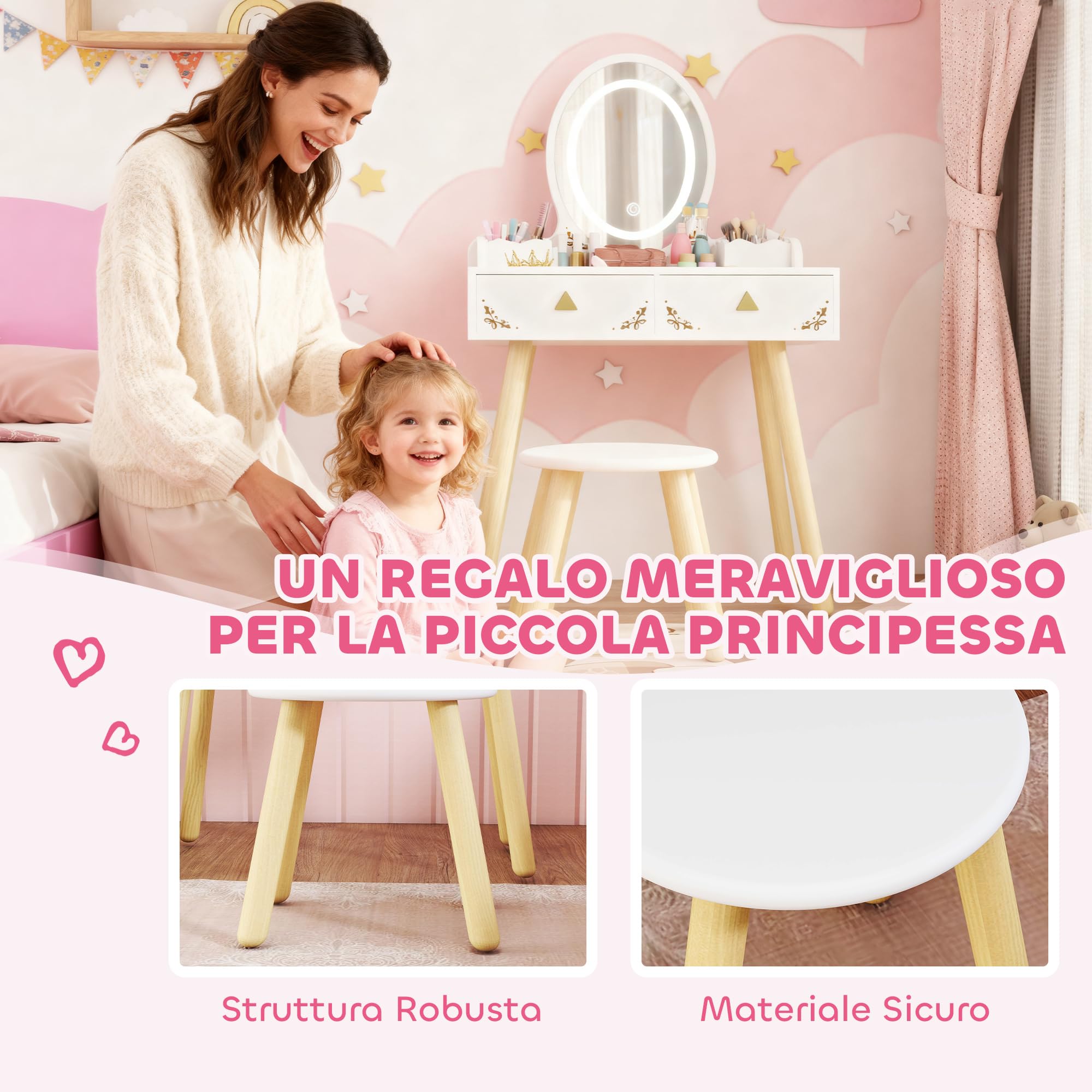 AIYAPLAY Set Toeletta 2 in 1 con Specchio Illuminato e Sgabello, Tavolo da Trucco con Luce LED a 3 Colori, 2 Cassetti e 2 Scatole in Legno, Tavolino per Bambini da 3+ Anni, Bianco