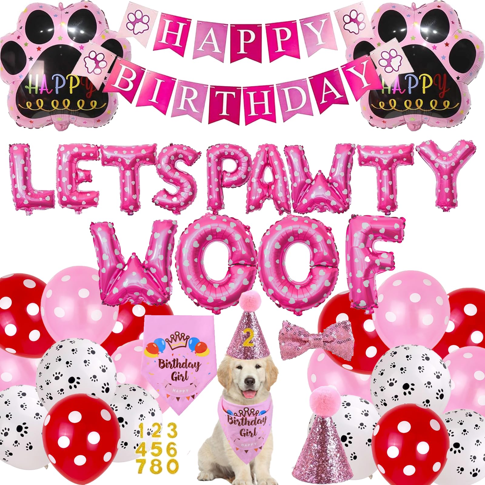 Dog Birthday Party Decorations Balloons - 38 Pcs Happy Birthday Banner Lets Pawty Woof Foil Balloon Pet Hat Bowtie Cake Toy Pink Puppy Supplies