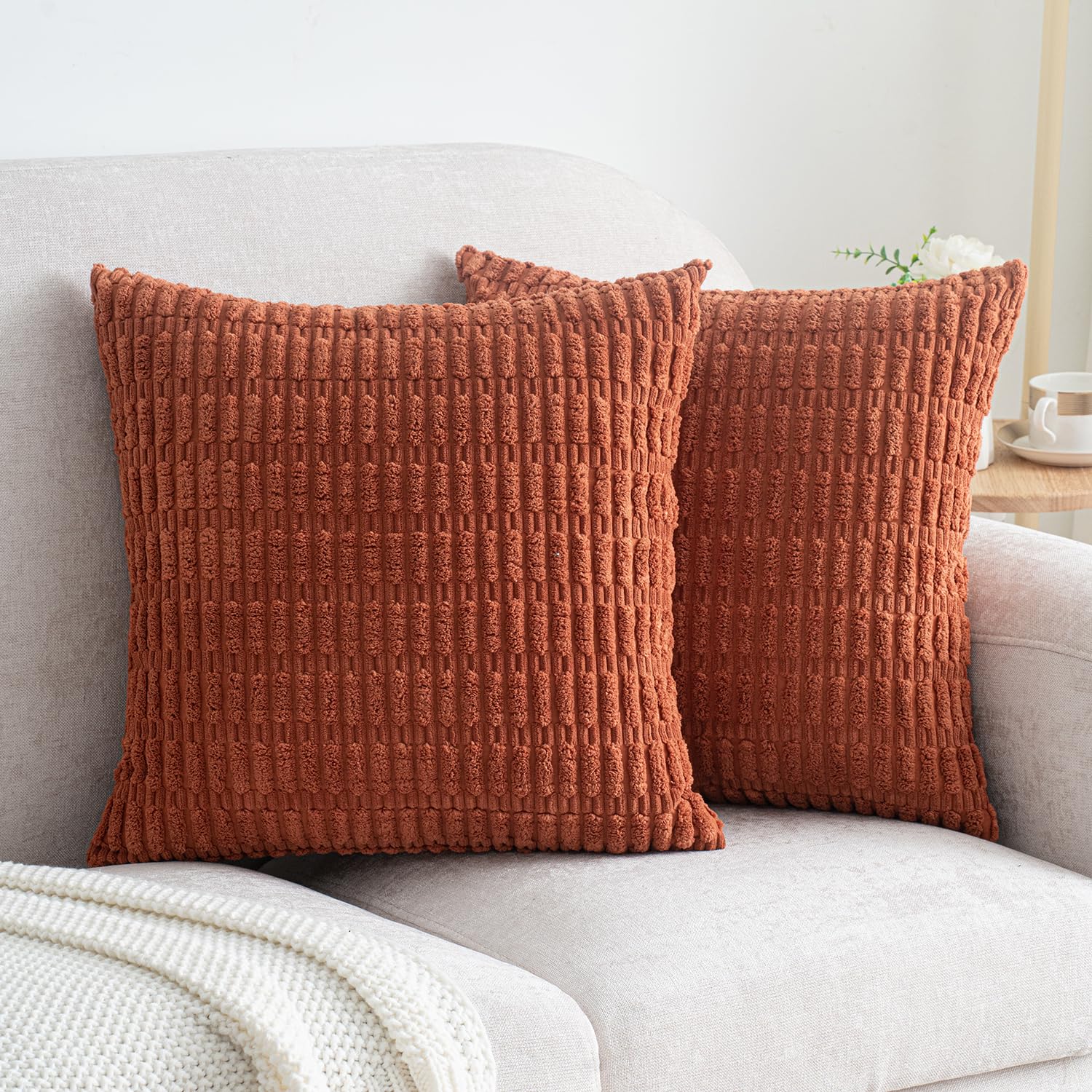 Smile of hope Pack of 2 Burnt Orange Corduroy Decorative Pillow Covers 18x18 Inch Soft Boho Striped Throw Pillow Covers Modern Farmhouse Home Decor
