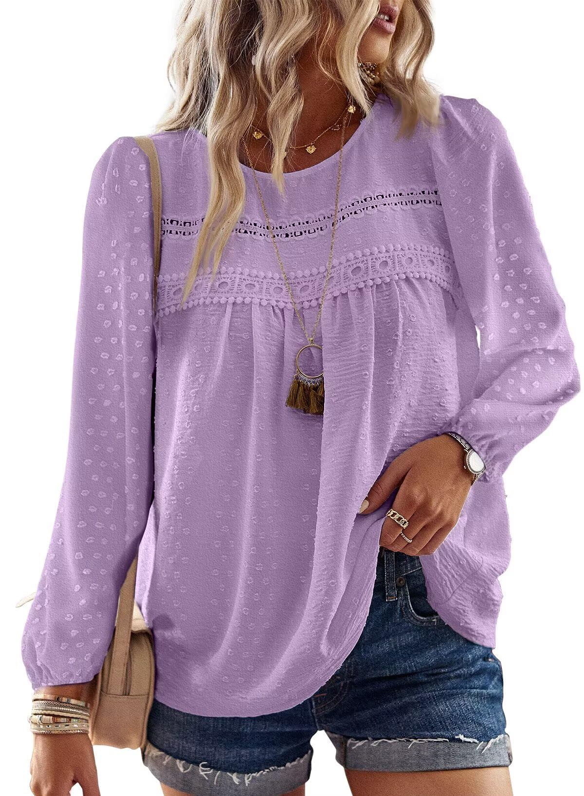 Falechay Womens Fall Tops Crewneck Long Sleeve Shirts Casual Chiffon Blouses Flowy Lace Hem Boho Clothing Trendy 2025