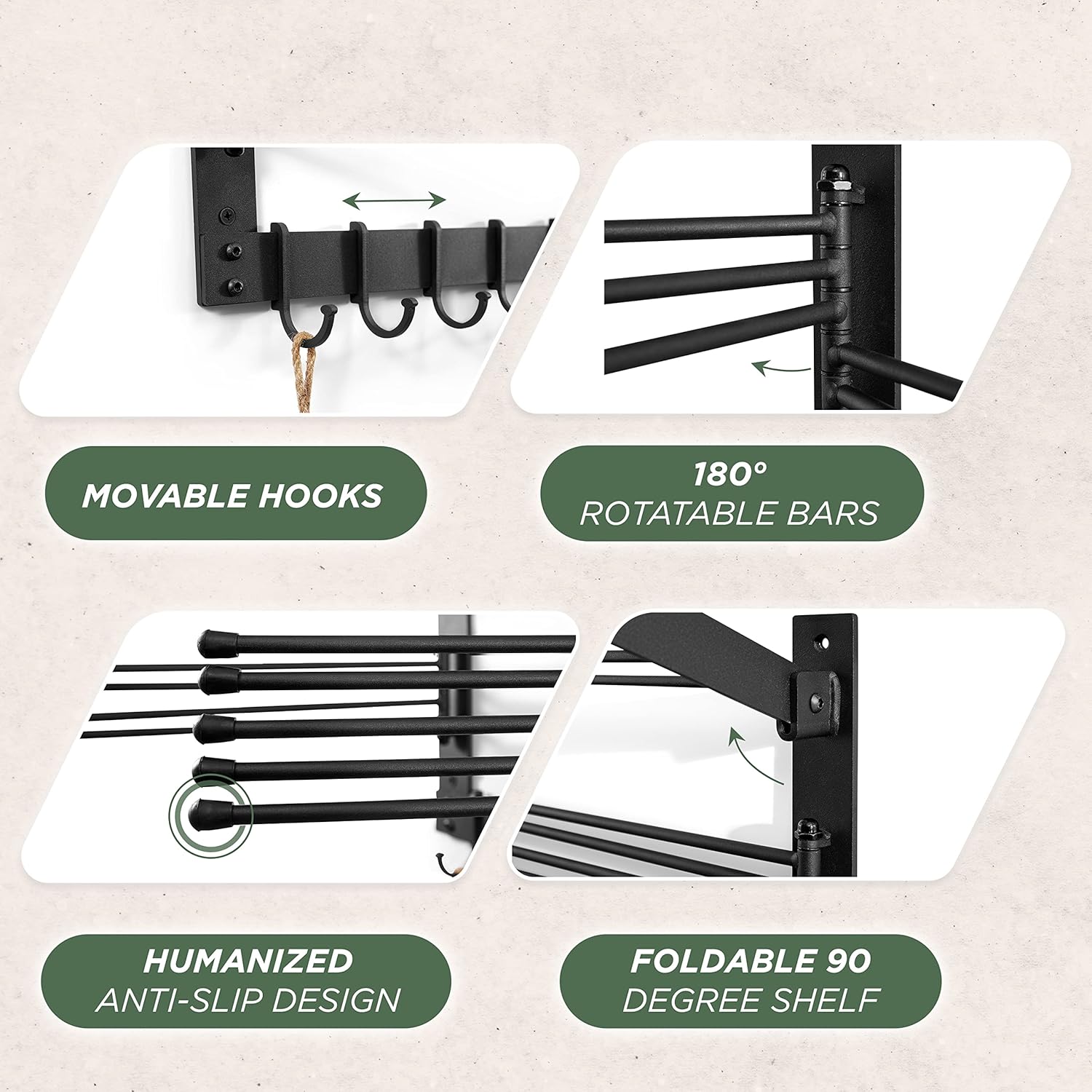 Black Steel Wall-Mounted Foldable Drying Rack with Hooks