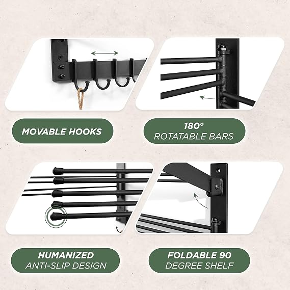 BATODA Wall-Mounted Steel Clothes Drying Rack, Solid Steel, Multi-function