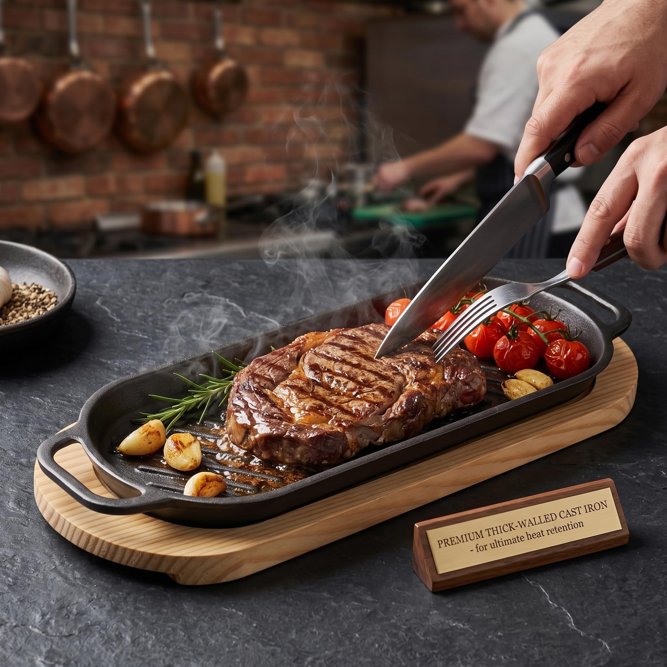 Assiette grésillante avec base en bois Poêle à fajita longue ovale avec poignée