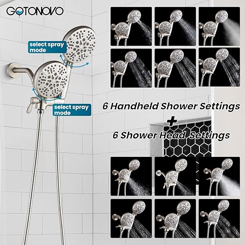 Miniatura 4 de gotonovo Kit de molduras de ducha 2 en 1, cabezal de ducha doble y mango con 6 ajustes, cabezal de ducha de mano ABS de alta presión, sistema de
