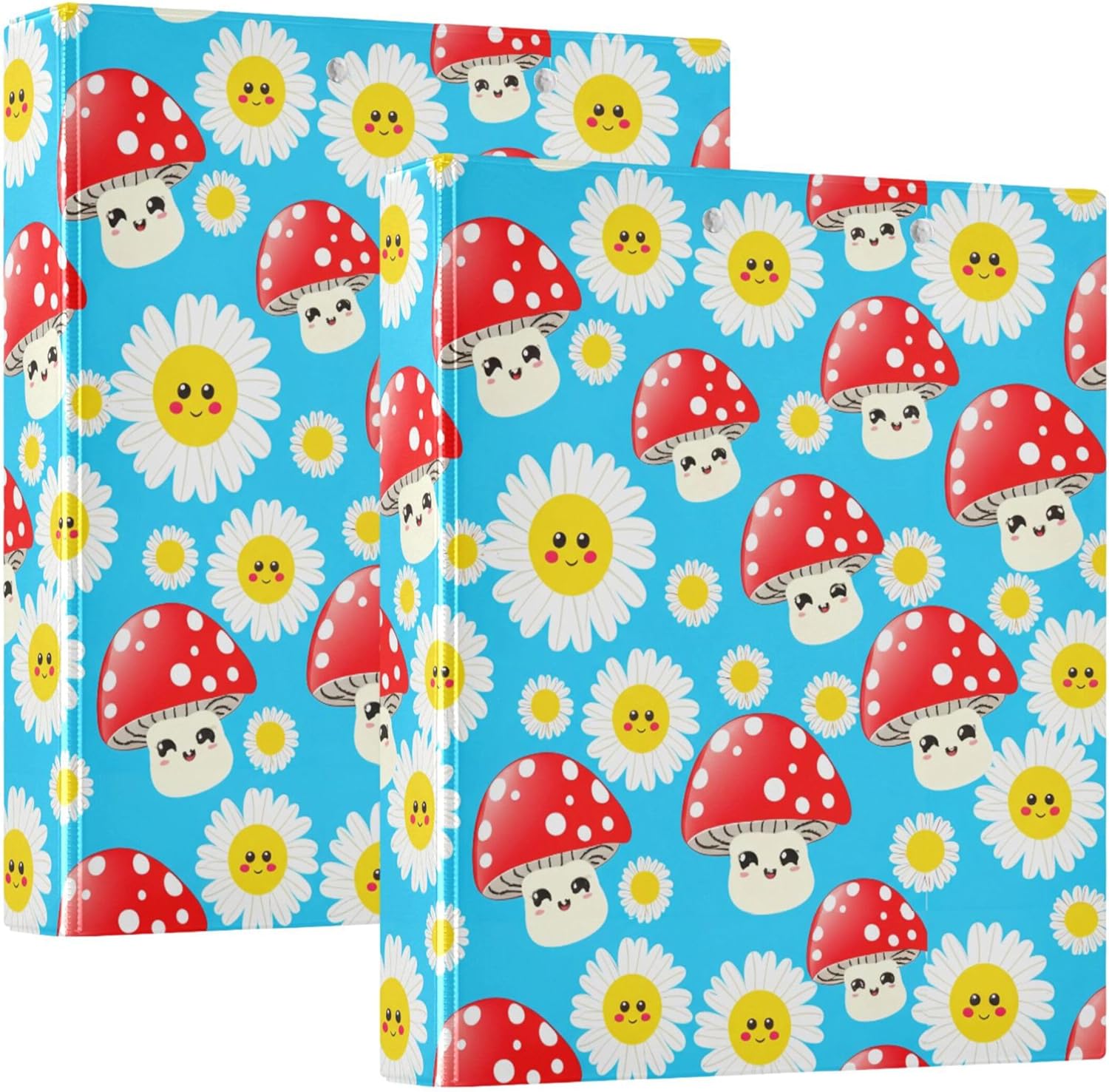 Mushrooms and Daisies 3 Ring Binders, 1.5” Round Ring Binders with Clipboard - Letter Size, 3 Interior PVC Clear Pockets & Anti-Slip Clip for Office School Supplies, 2PCS