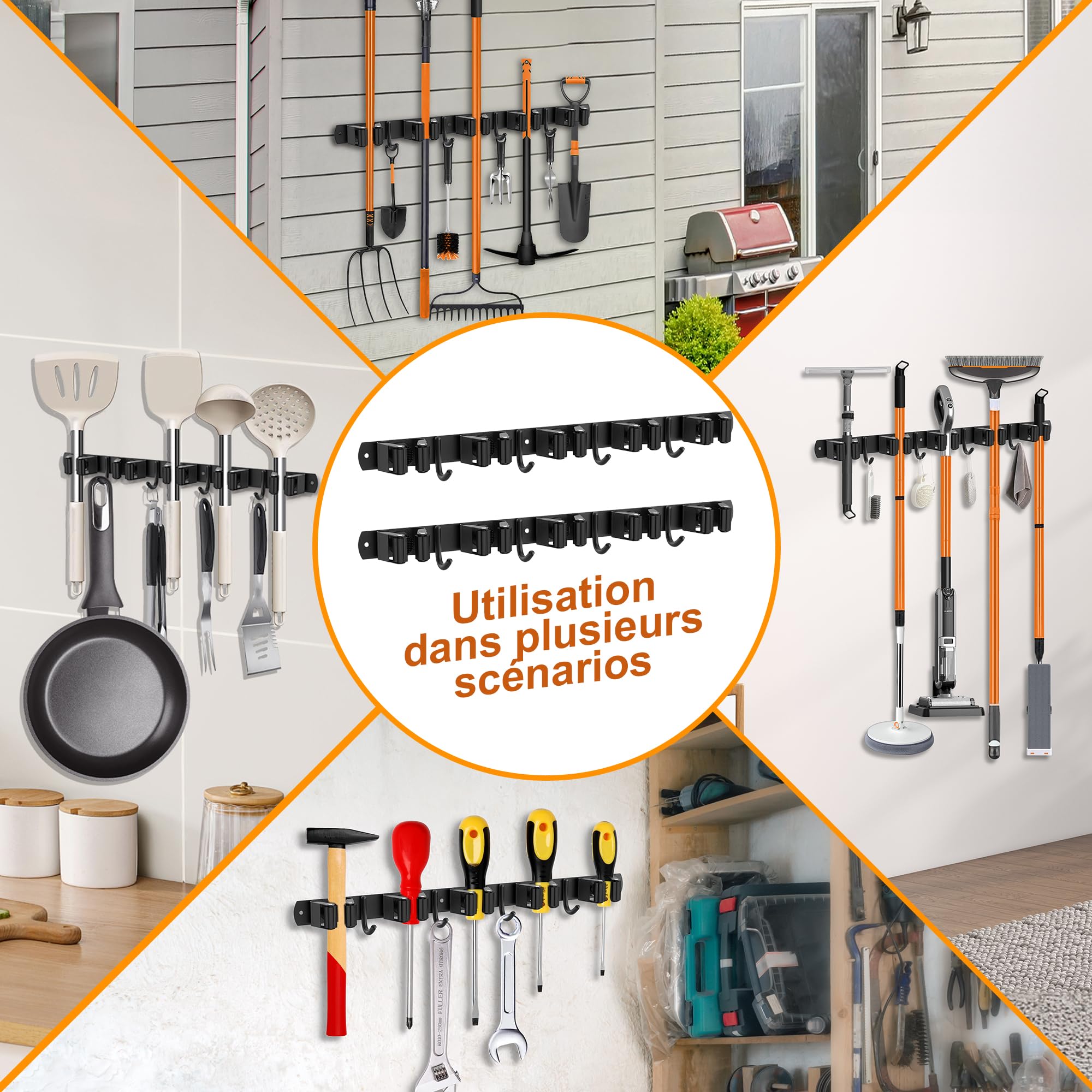Accroche Balai Mural, Porte Balais Mural en Acier Inoxydable - 10 Supports + 8 Crochets, Support Balais Mural Sans Percer Noir, Utilisable en Cuisine, Salle de Bain, Jardin, Garage (2 Pièces)