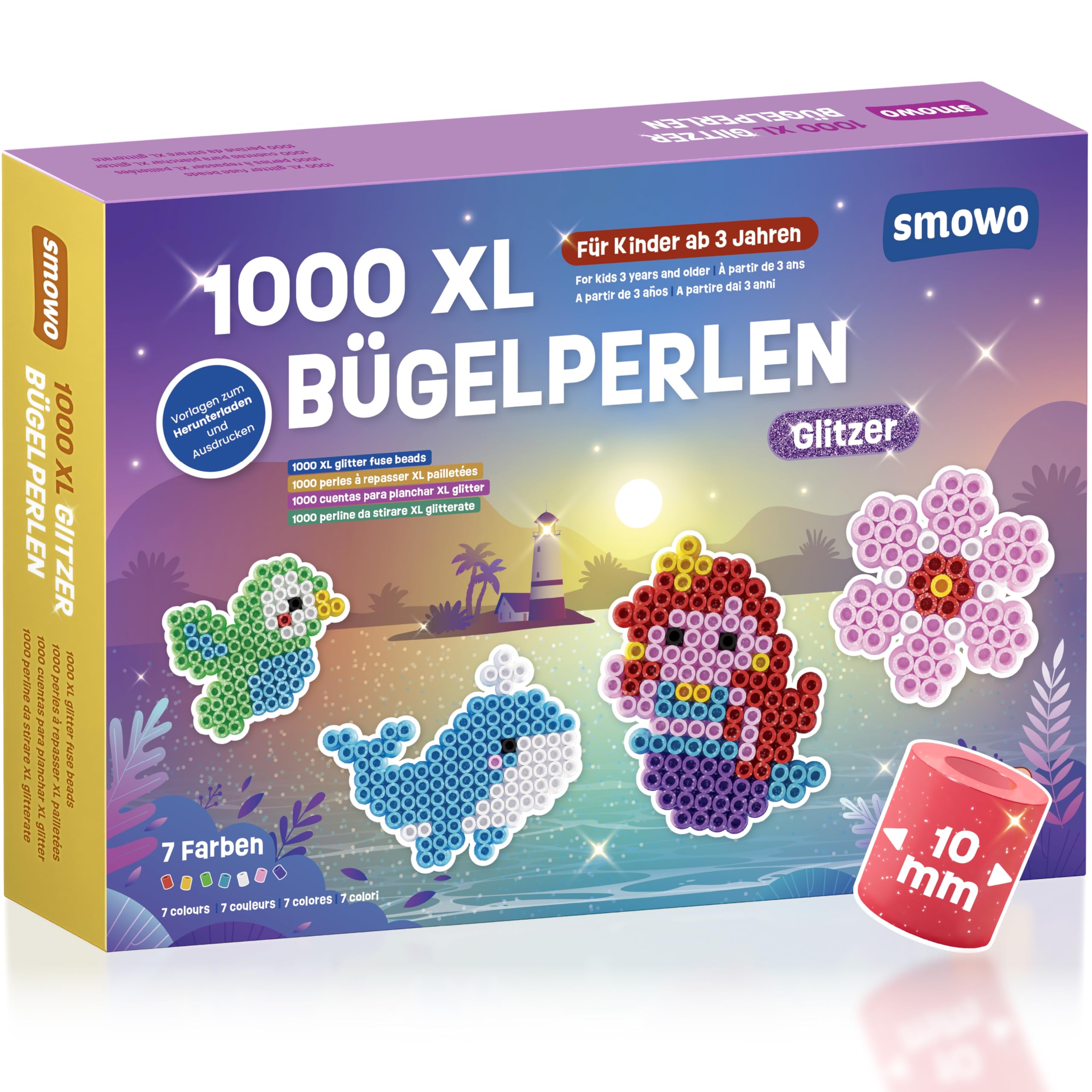 Smowo® Große 10mm Glitzer Bügelperlen 1000 Stück für Kinder ab 3 Jahren - 7 bunte Farben XL Steckperlen - Kreatives Perlenset