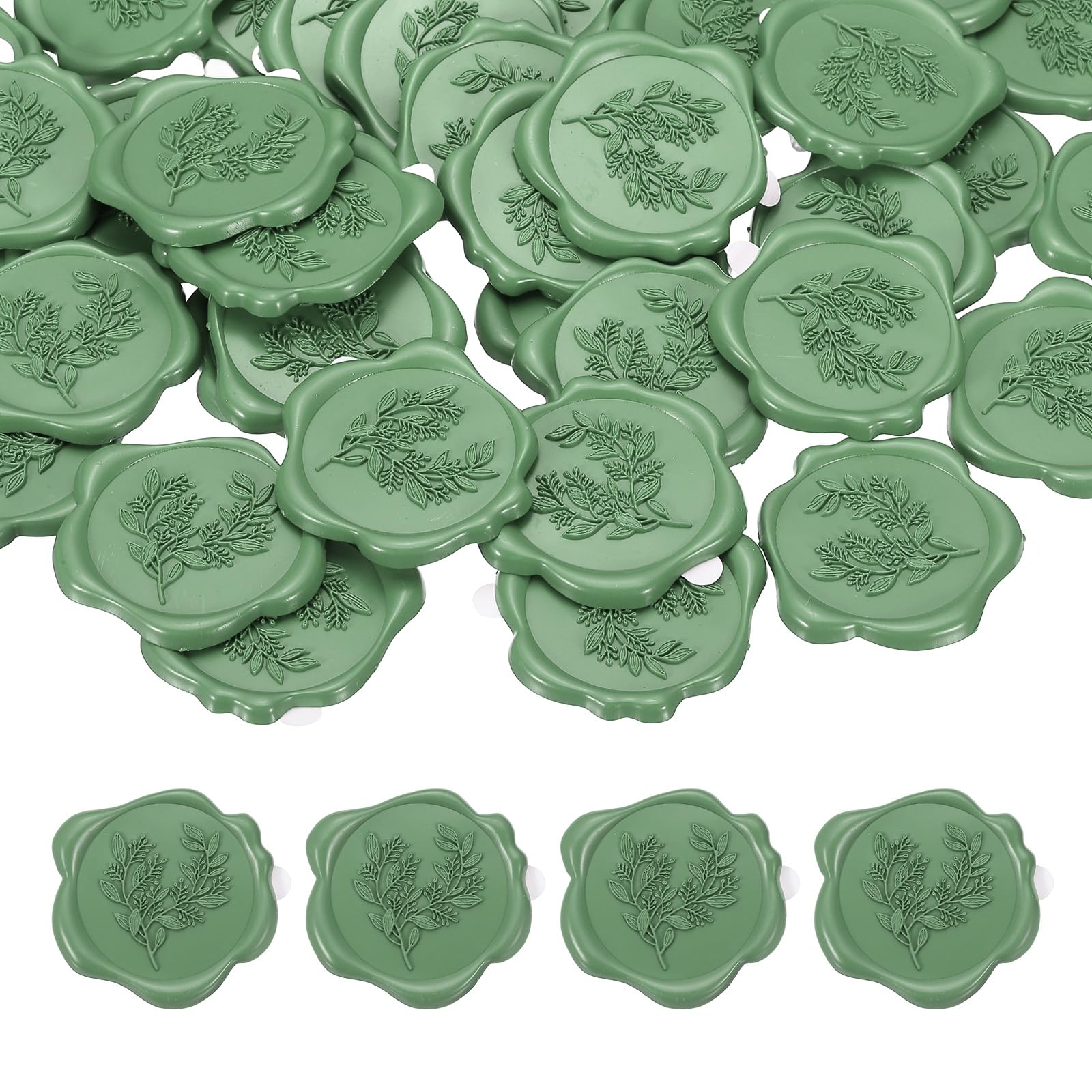 PATIKIL 50Pcs Eucalyptus Leaf Wax Seal Stickers, Plant Embossed Self Adhesive Backed Envelopes Seal Sticker Accessories for Wedding Invitation Letter Birthday Party Gift, Olive Green