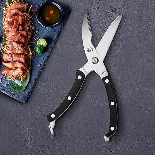 Miniatura 4 de TUO Tijeras de cocina para hierbas, pollo, carne, verduras, acero inoxidable ultra afilado de alta calidad, mango ergonómico de madera de Pakkawood