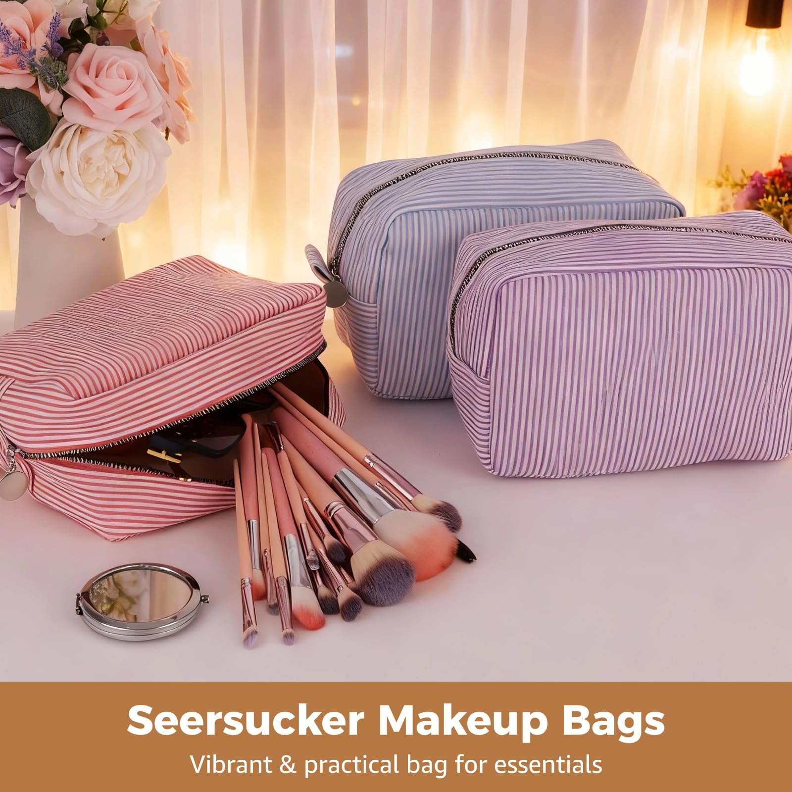 6 STK. Seersucker Kosmetiktaschen, Reise-Kulturbeutel-Set, gestreifte Tasche mit Reißverschluss, 8,7 x 3,5 x 5,9 in, tragbar für Hautpflege und Pinsel, Geschenk für Brautjungfern, Mehrfarbig