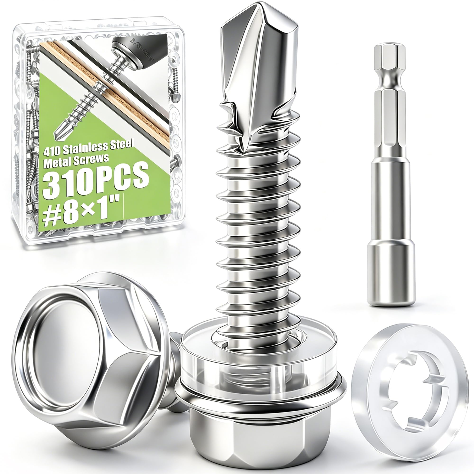mxuteuk 230PCS #8 Self Tapping Screws for Metal,410 Stainless Steel Self Drilling Screws,1/2",5/8",3/4",1",1-1/4" Truss Head Sheet Metal Screws with Rubber Washers for Metal,Plastic,Wood(115pcs Sets) — Amazon image 19