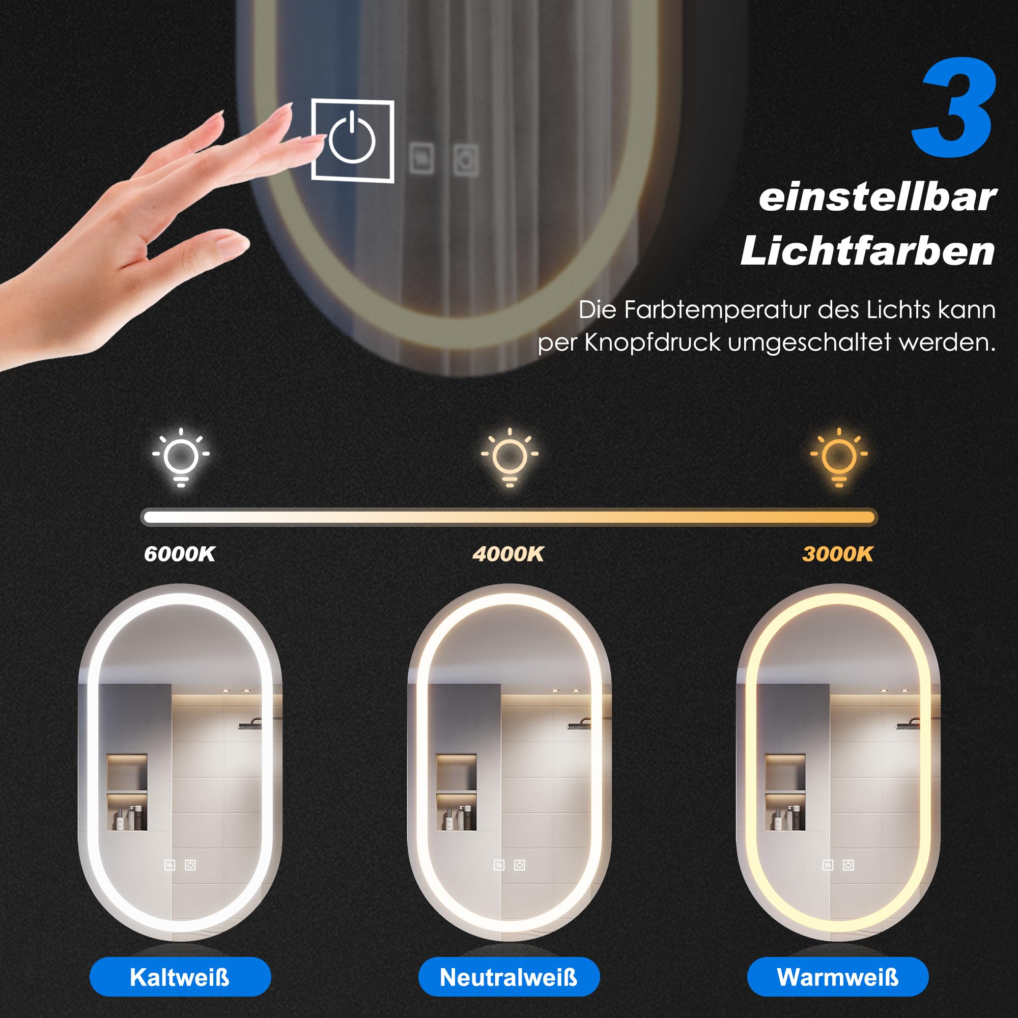 SONNI Armadietto a specchio da bagno con illuminazione e presa LED, interruttore touch, dimmabile, 3 colori luce regolabili, anti-appannamento, ovale, 40x70 cm, nero opaco