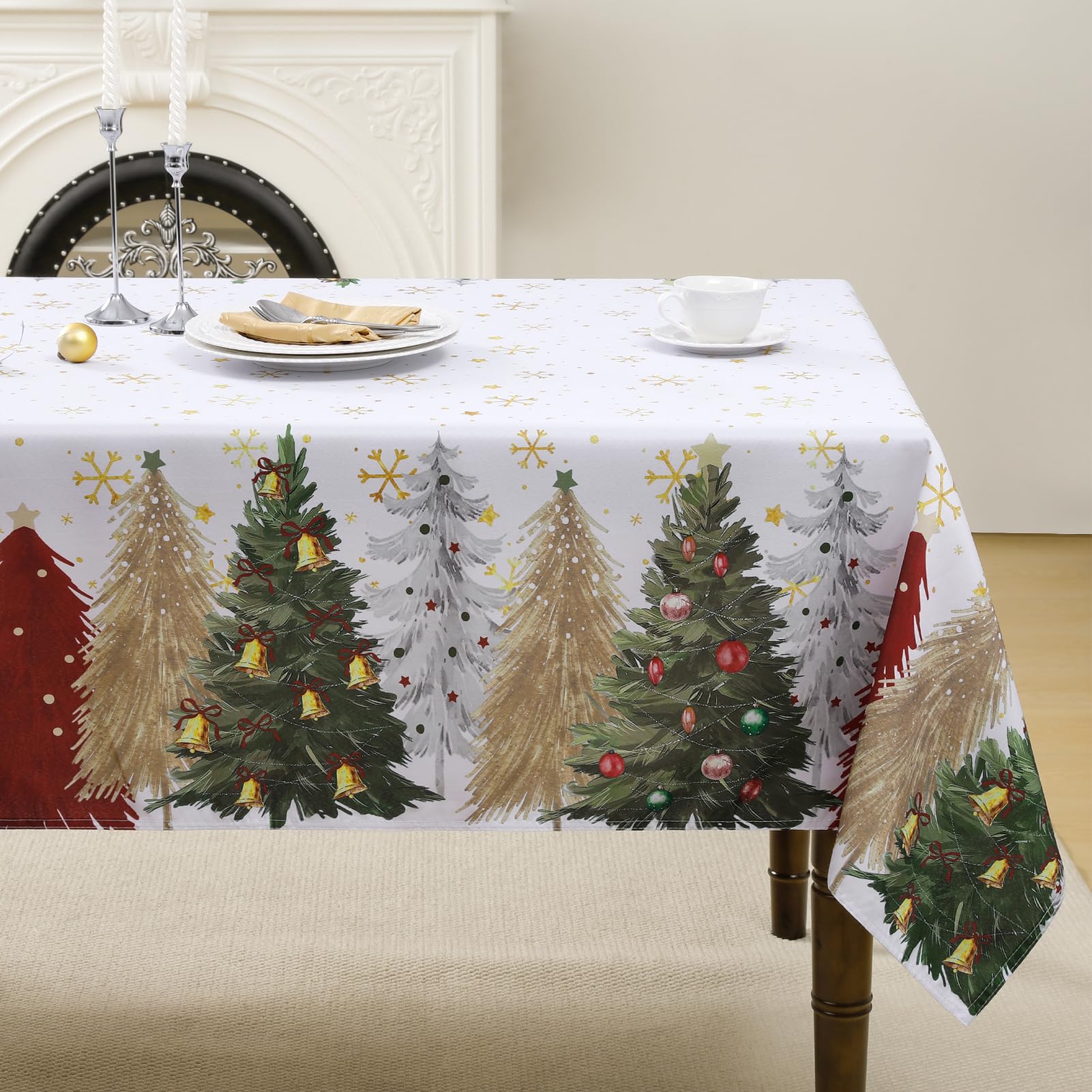 FIBORIA Large White Christmas Tablecloth 300x150 cm Rectangular Wipe Clean Xmas Table cloth with Colorful Christmas Trees & Gold Snowflake,Water Resistant Table Cover Decor Dining Winter Party Holiday
