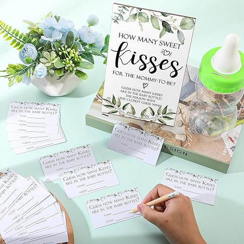 Miniatura 5 de Colarr 122 piezas de juego de baby shower de Adivina cuántos besos incluye cuántos dulces besos signo, 100 tarjetas de adivinanzas, 20 lápices