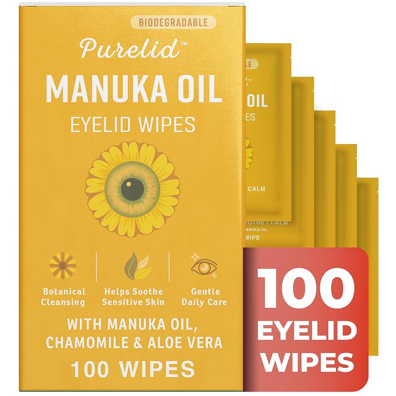 PURELID Lenços para Limpeza das Pálpebras com Óleo de Manuka, Camomila e Aloe Vera, Biodegradáveis, Pacote com 100