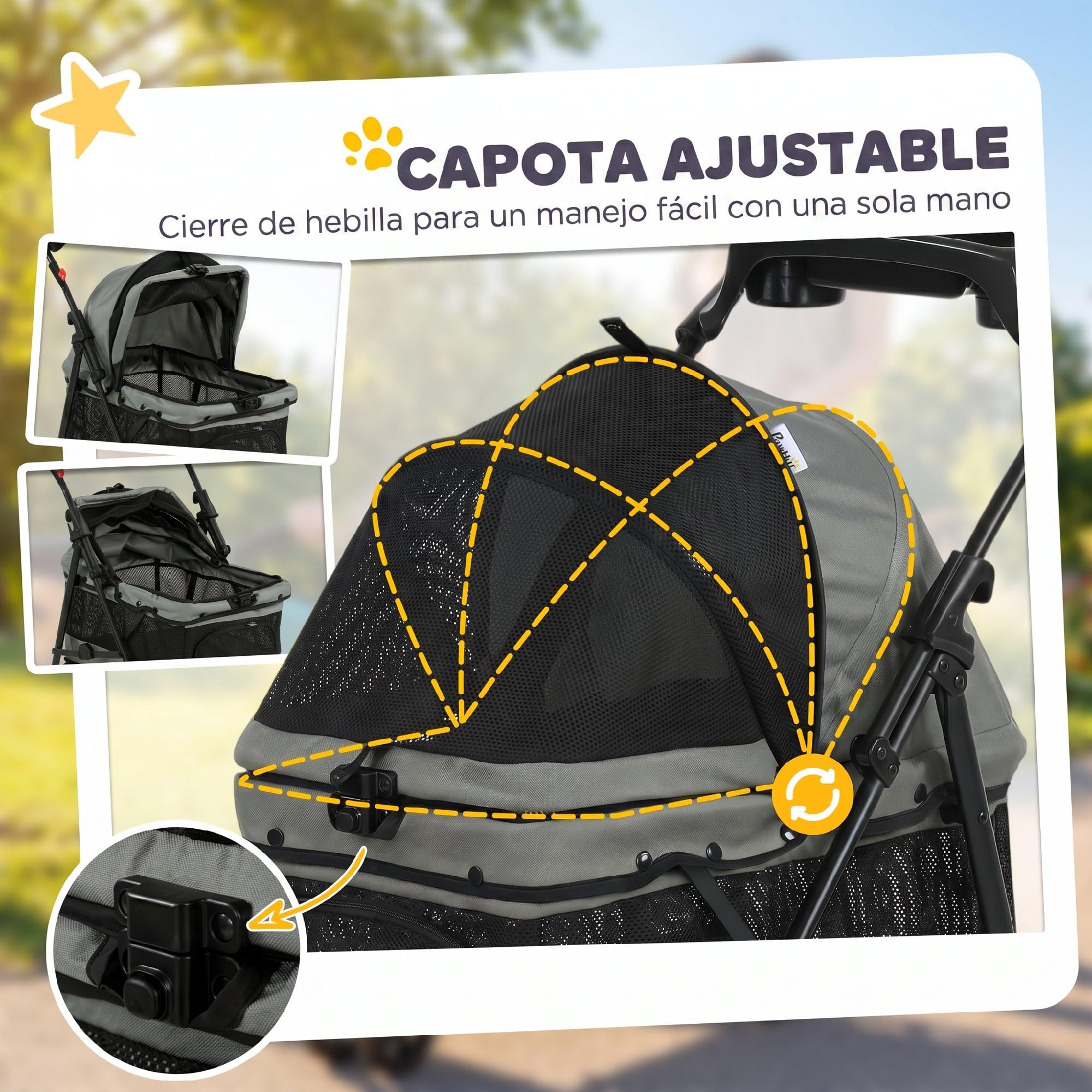 PawHut Cochecito para Perros Plegable 4 Ruedas de EVA 10 kg Ligero Gris | Carrito para Perros Pequeños y Gatos, Giratorio y Freno, Ventanas de Malla, Cojín Extraíble, Bandeja y Portavasos