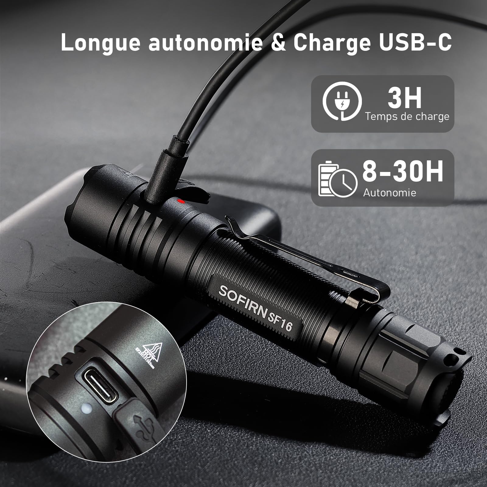 Lampe de poche UV 365 nm - Lumière noire - Lampe torche tactique rechargeable à LED pour détecter l'urine de chien - Dévoilement des taches invisibles - Ultraviolet pur haute définition (SF16 Noir)