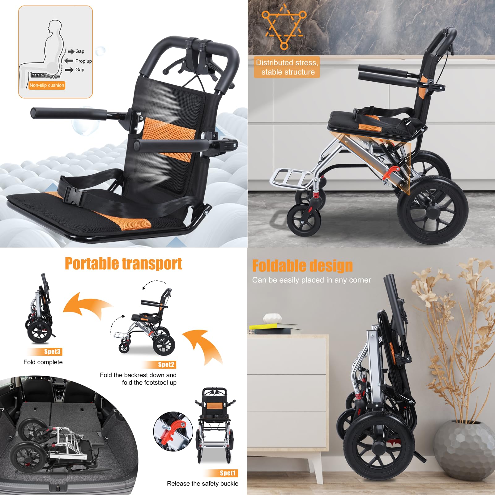 Silla de ruedas para adultos, silla de ruedas ligera y plegable, silla de viaje para puerta estrecha, silla de ruedas portátil con marco de aluminio con asiento de 15.75 pulgadas, freno de mano
